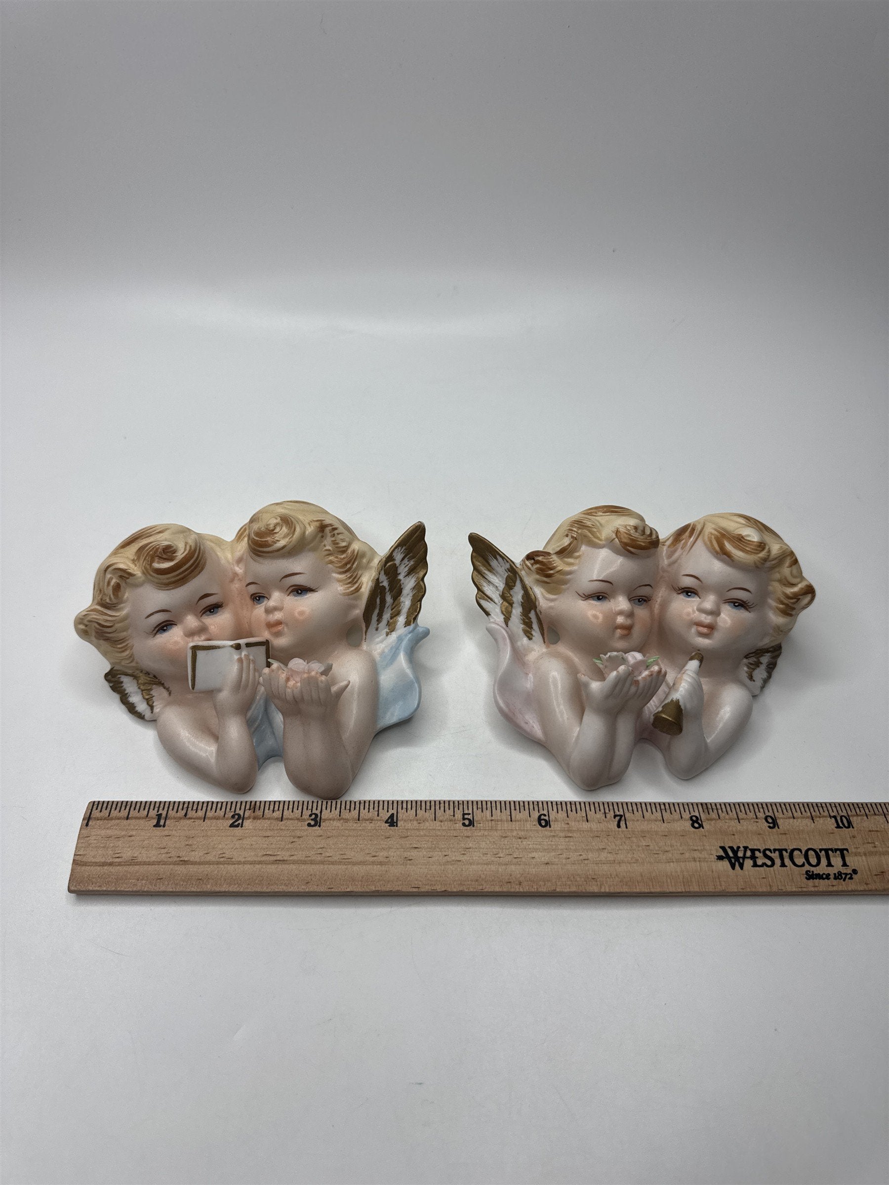 Set of 2 Tilso Japan Porcelain Hanging Angels Reading Trumpet Floral Angels
