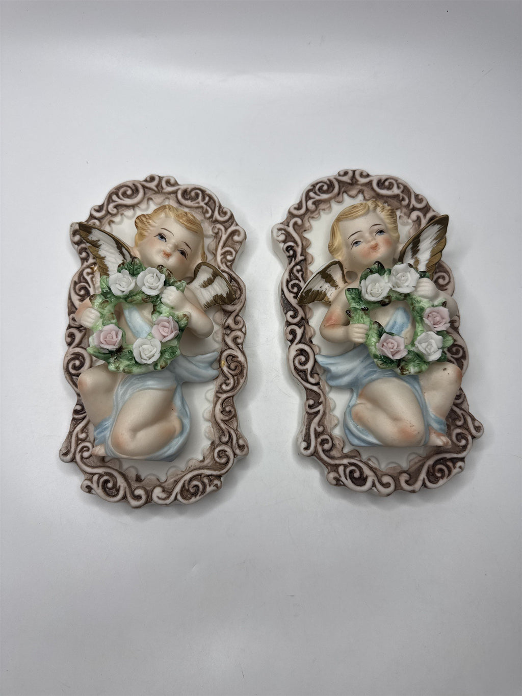 Set of 2 Tilso Japan Porcelain Hanging Angels With Floral Wreathes Gorgeous