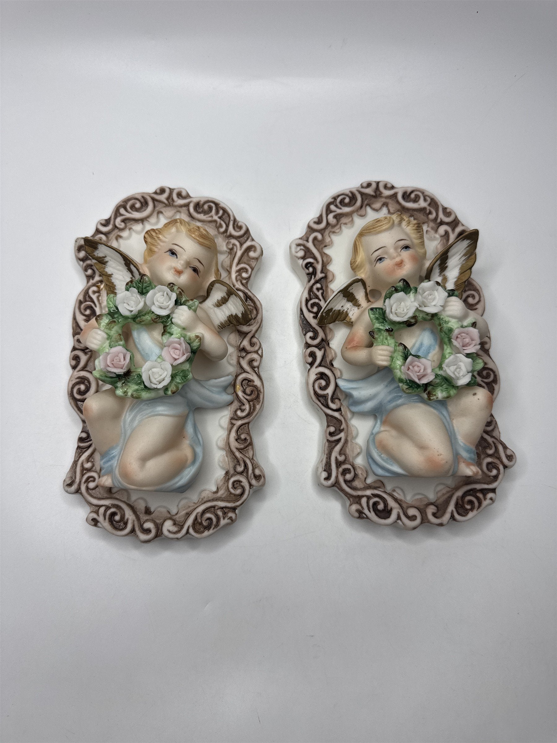 Set of 2 Tilso Japan Porcelain Hanging Angels With Floral Wreathes Gorgeous