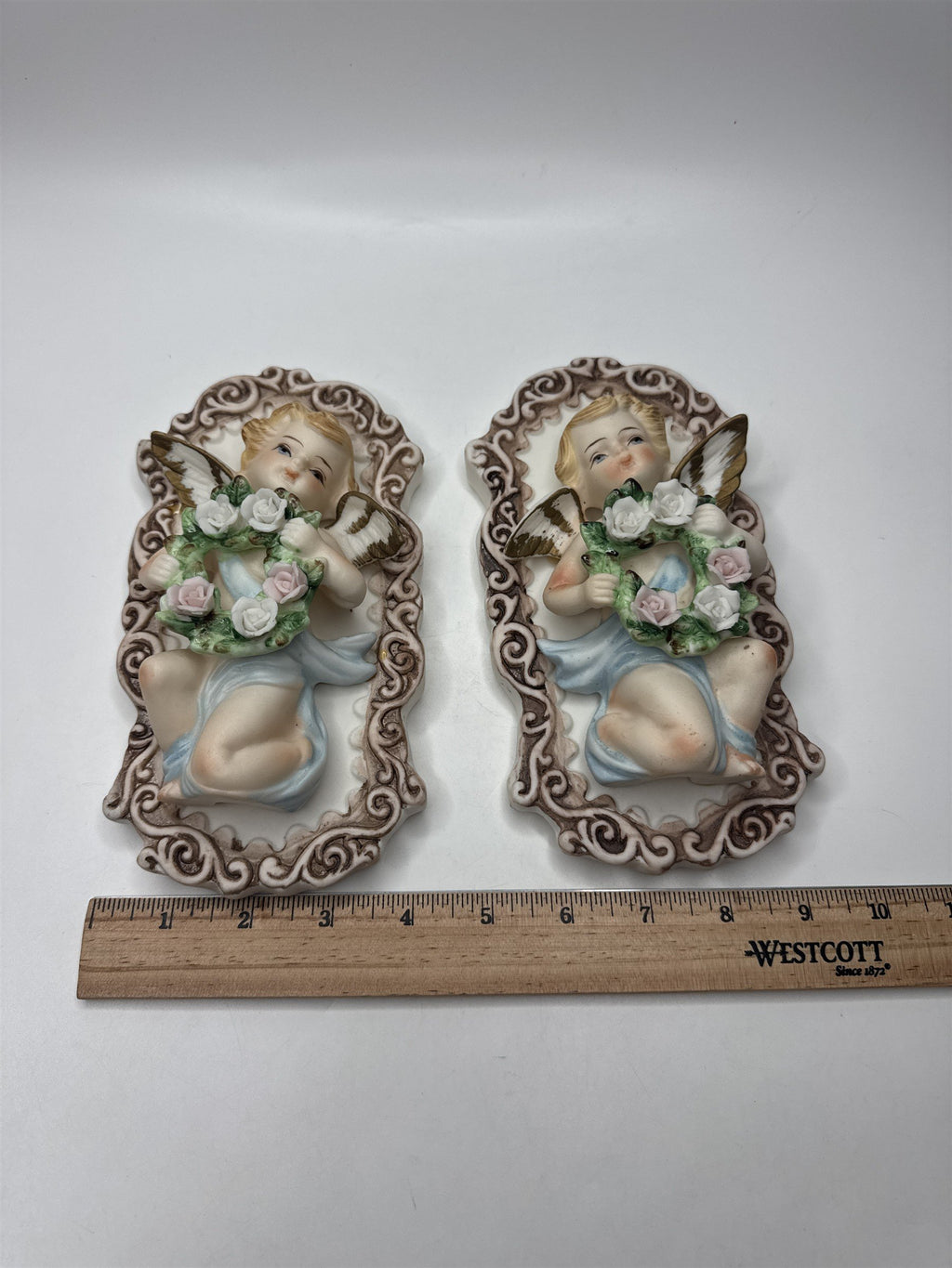 Set of 2 Tilso Japan Porcelain Hanging Angels With Floral Wreathes Gorgeous