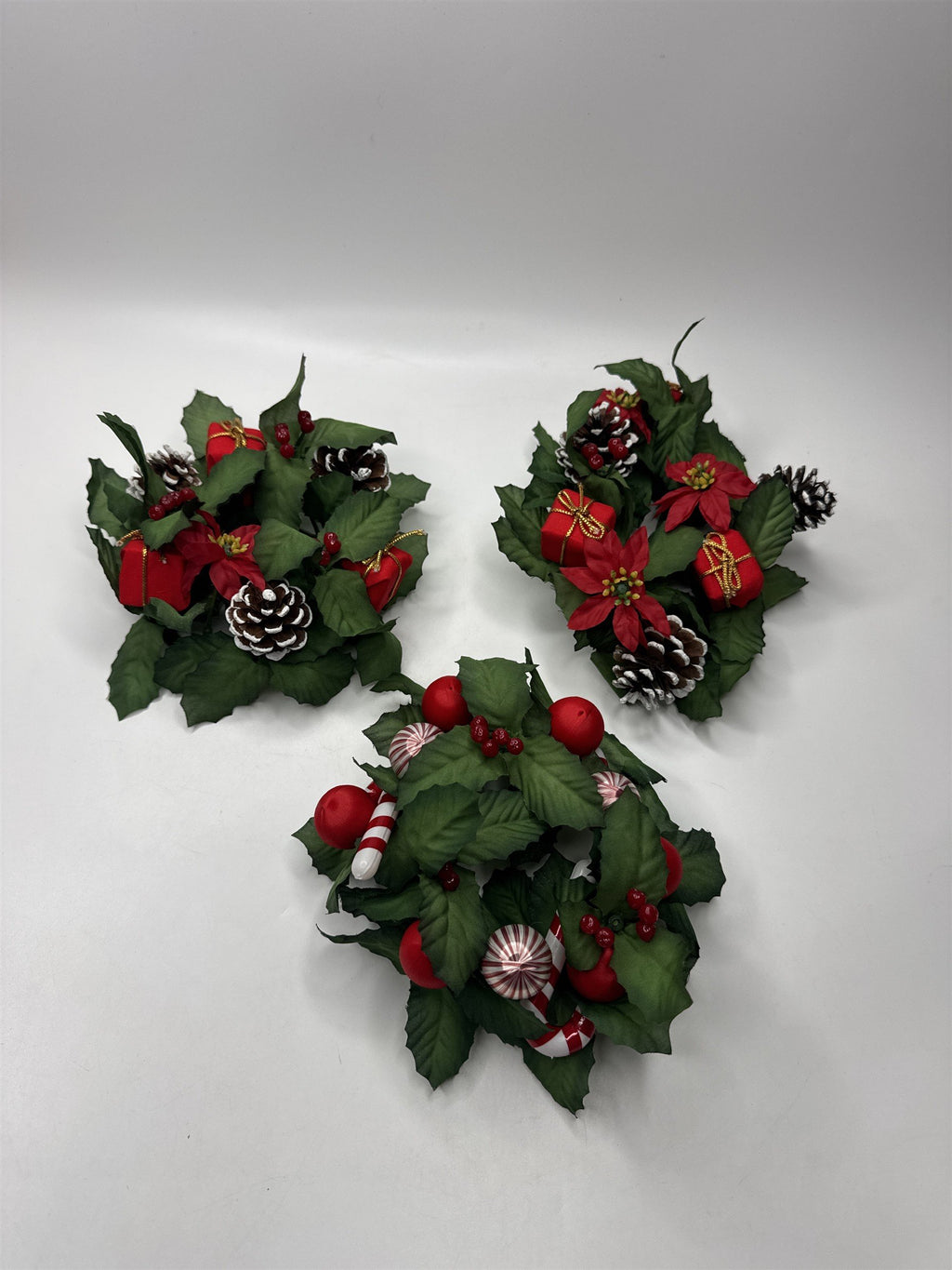 Set of 3 Small Holiday Table Wreathes /w Pinecones, Poinsettias, Presents, Candy