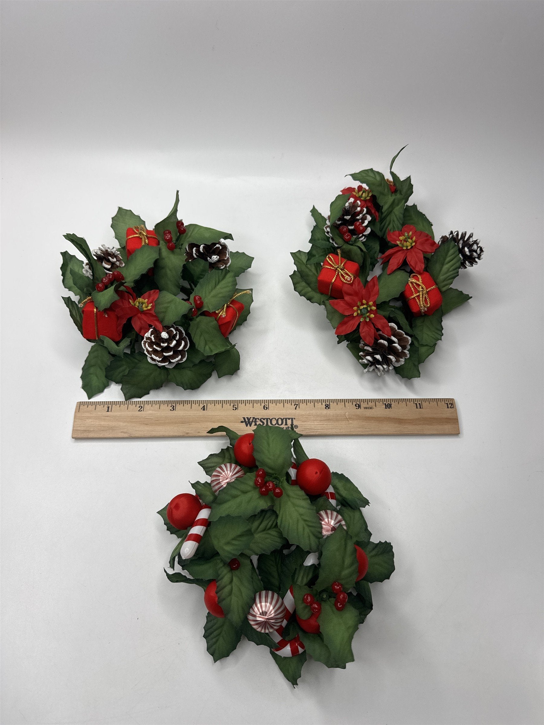 Set of 3 Small Holiday Table Wreathes /w Pinecones, Poinsettias, Presents, Candy