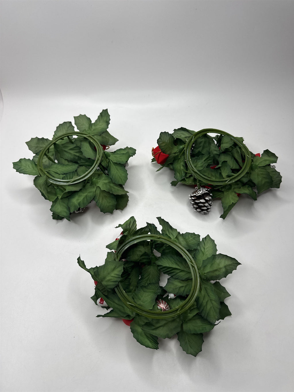 Set of 3 Small Holiday Table Wreathes /w Pinecones, Poinsettias, Presents, Candy