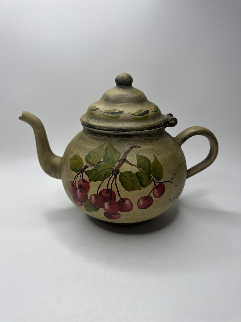 Vintage Toleware Metal Teapot Cherries Pattern Green Tan