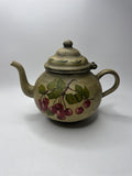 Vintage Toleware Metal Teapot Cherries Pattern Green Tan