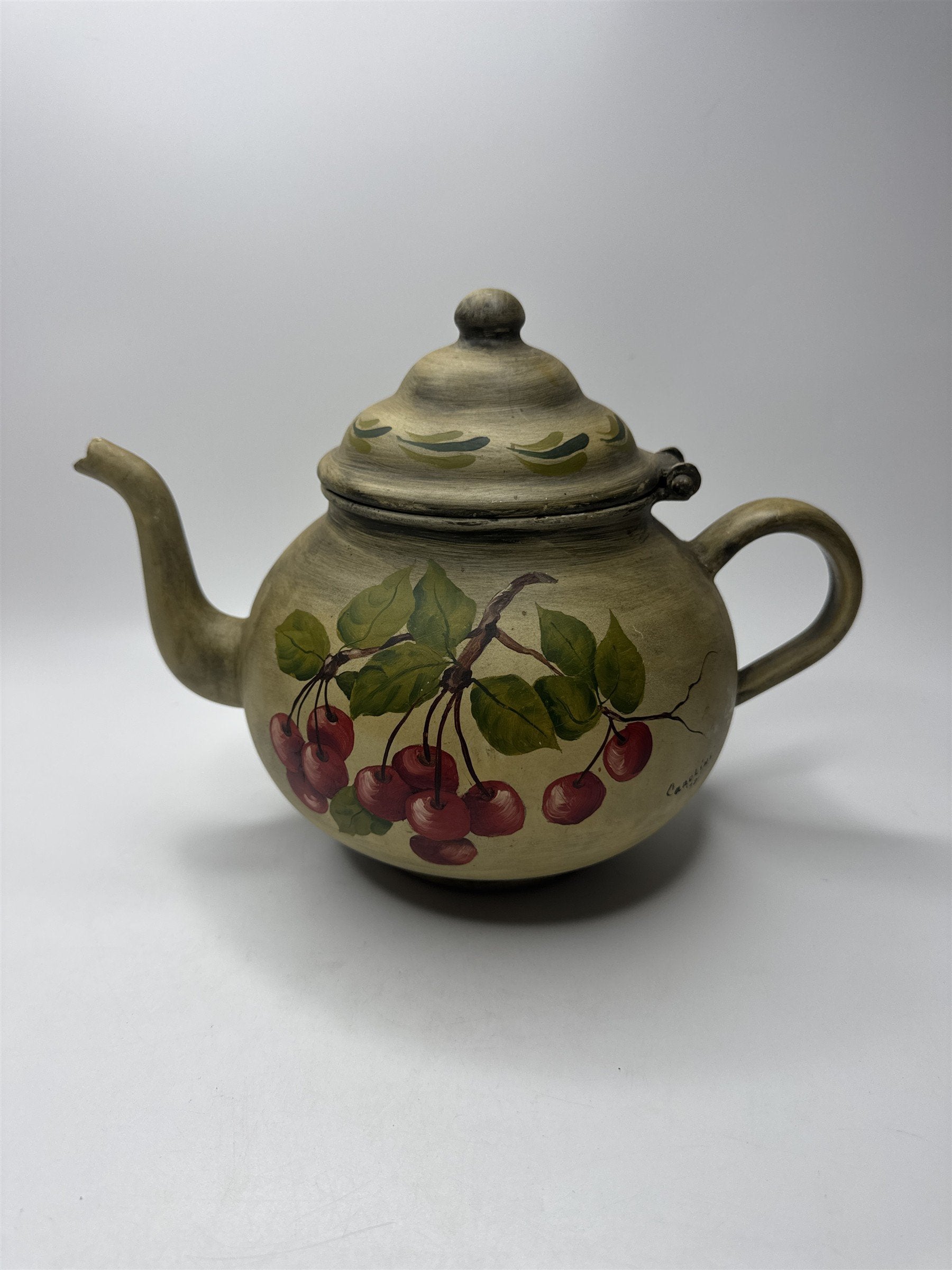 Vintage Toleware Metal Teapot Cherries Pattern Green Tan