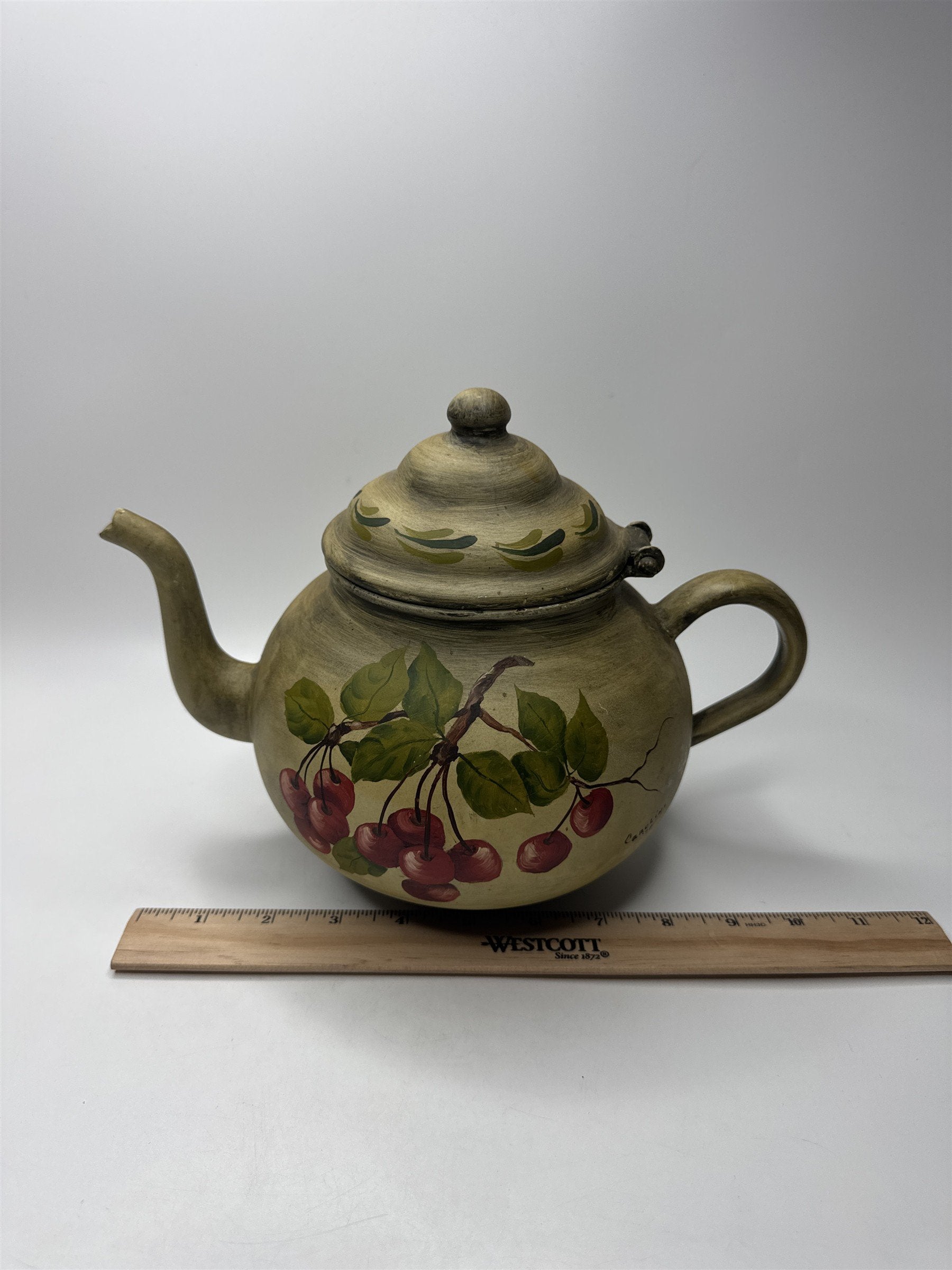 Vintage Toleware Metal Teapot Cherries Pattern Green Tan