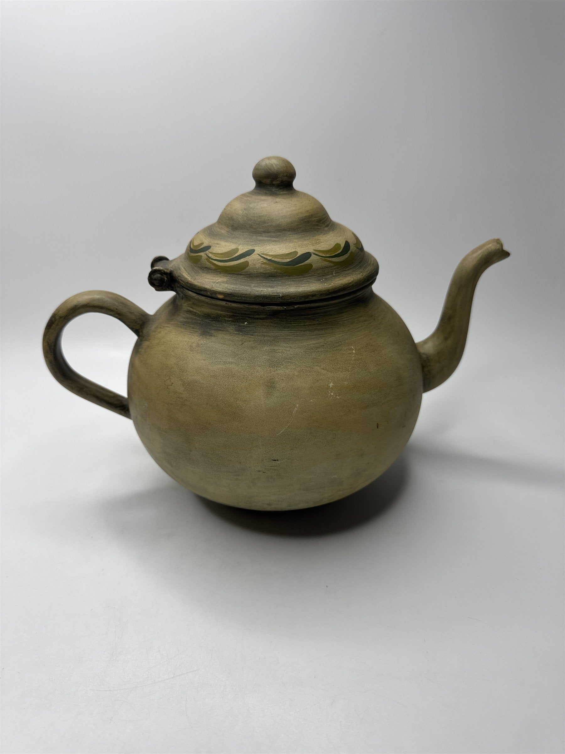 Vintage Toleware Metal Teapot Cherries Pattern Green Tan