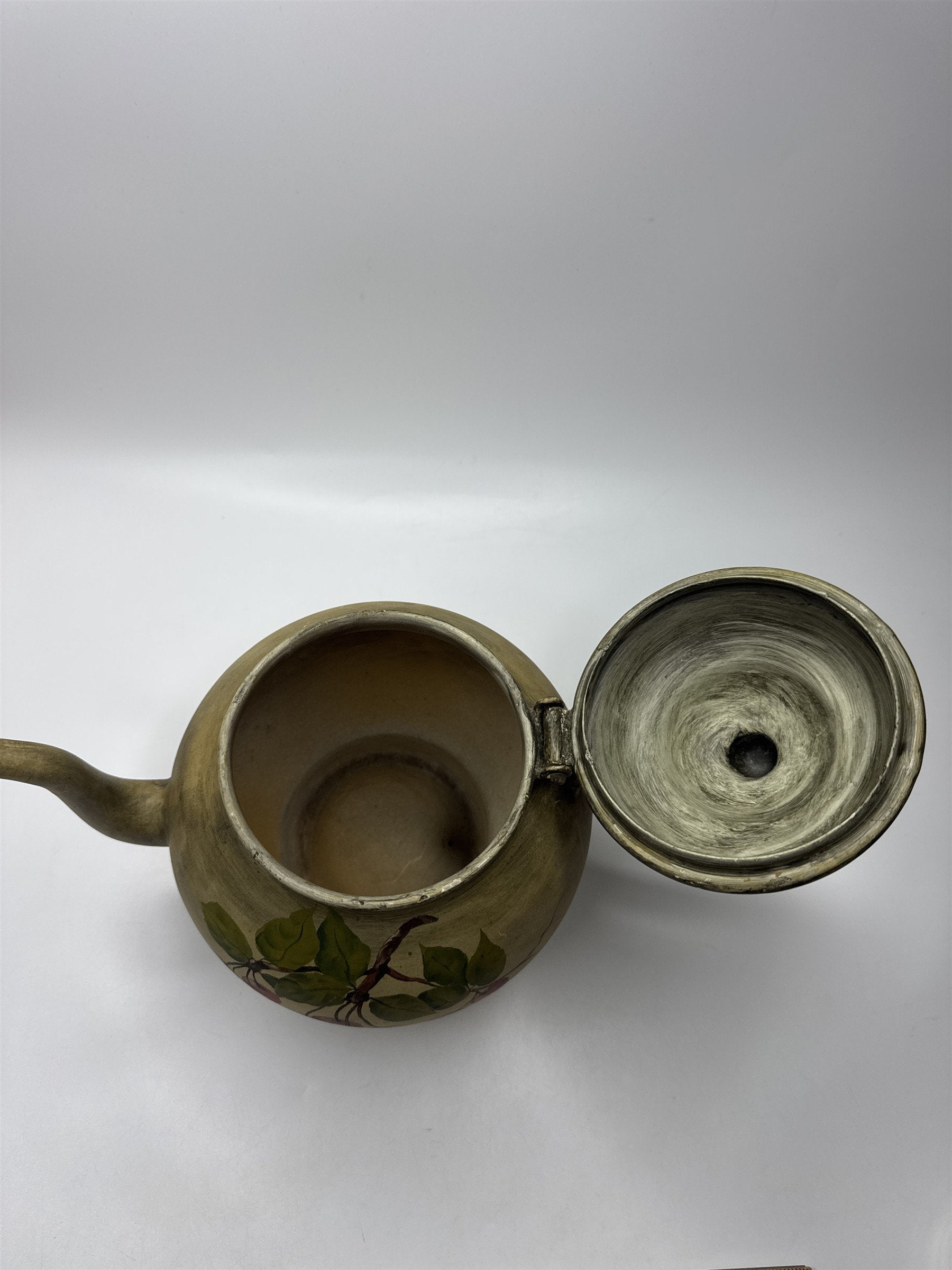 Vintage Toleware Metal Teapot Cherries Pattern Green Tan