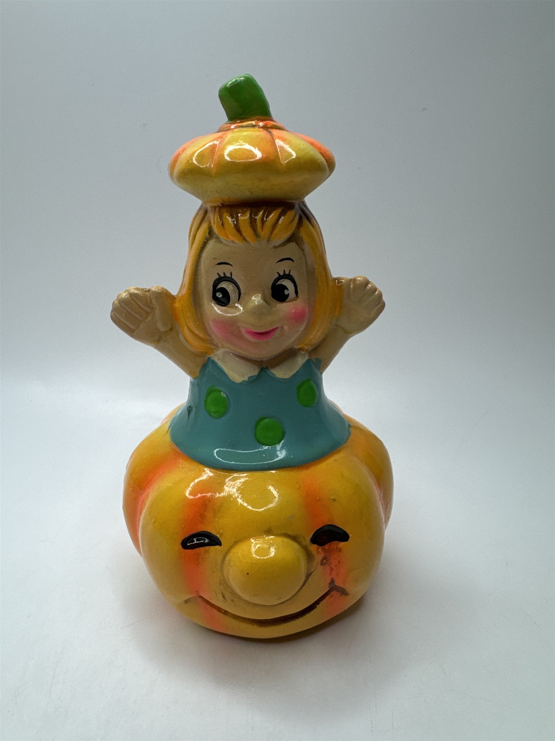 Vintage Halloween Figurine Girl Japan Jack-O-Lantern Pumpkin Bank (No Stopper)