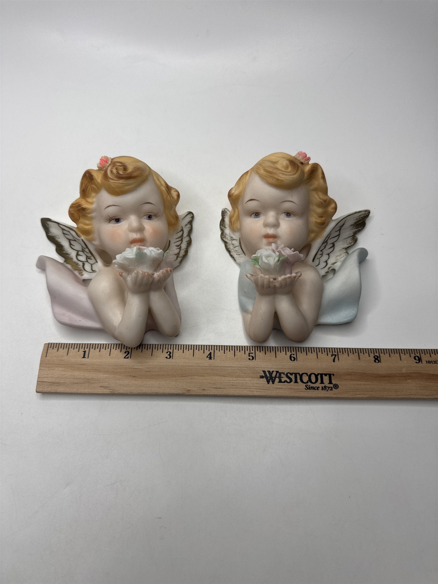 Set of 2 Tilso Japan Porcelain Hanging Angels Flowers Floral Angels