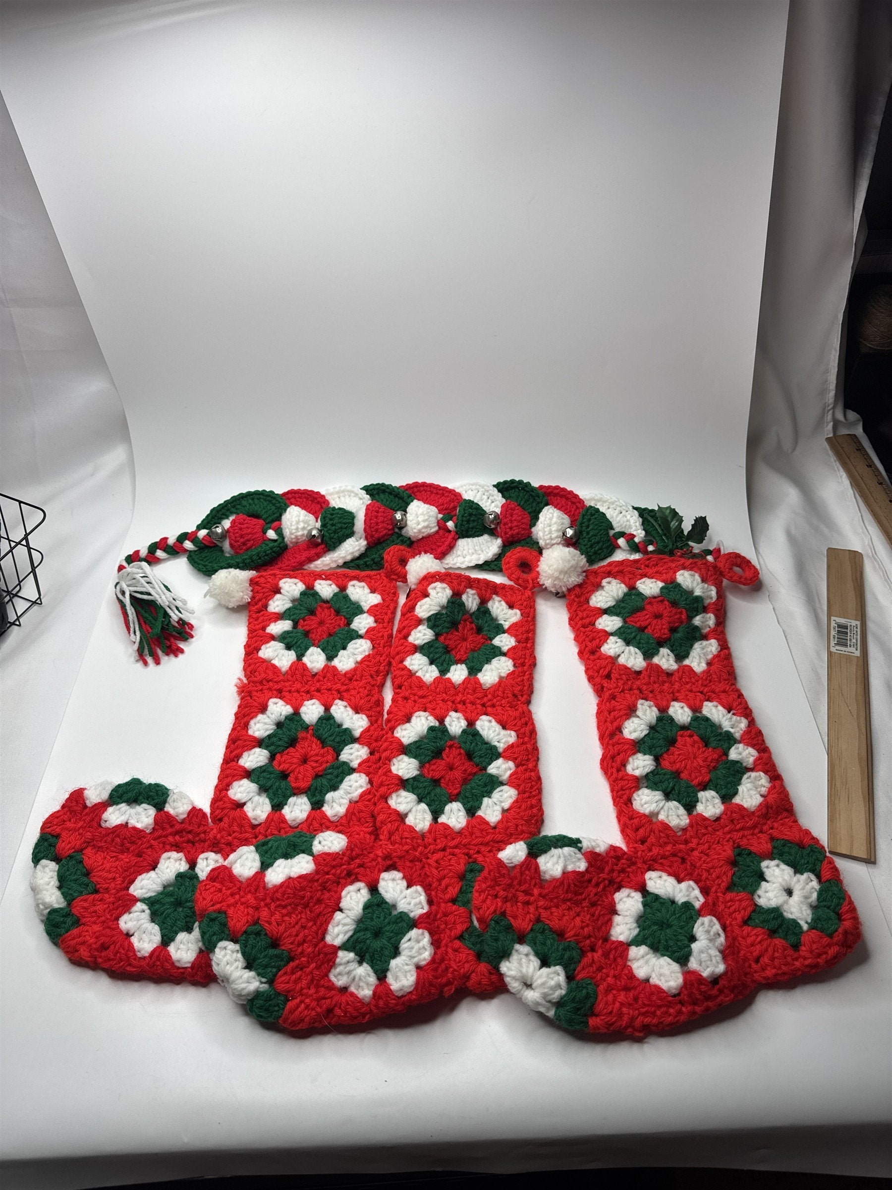 Set of 3 Hand-Crocheted Christmas Stockings Plus Bonus Hanging Bell Strip