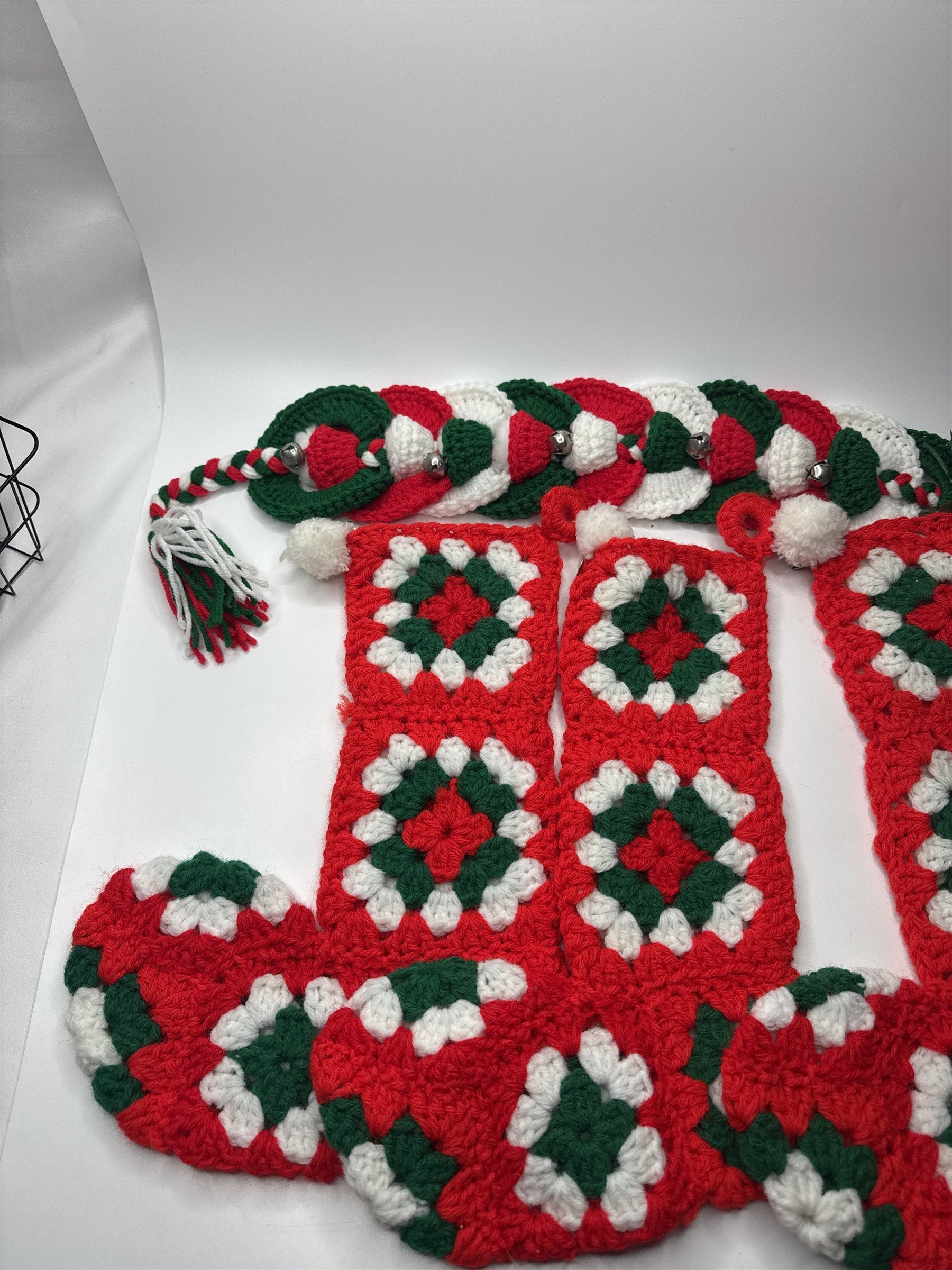 Set of 3 Hand-Crocheted Christmas Stockings Plus Bonus Hanging Bell Strip