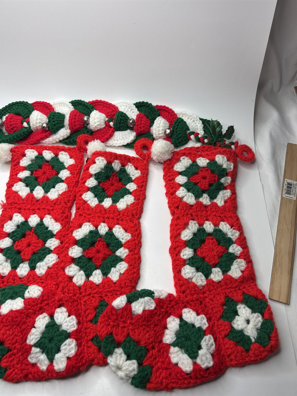 Set of 3 Hand-Crocheted Christmas Stockings Plus Bonus Hanging Bell Strip
