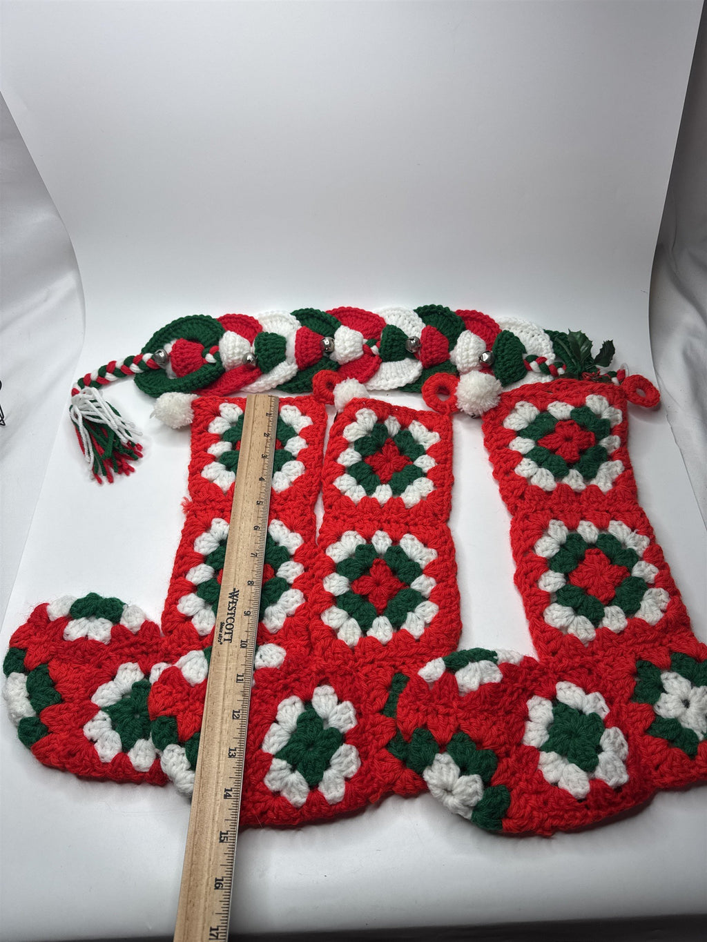 Set of 3 Hand-Crocheted Christmas Stockings Plus Bonus Hanging Bell Strip