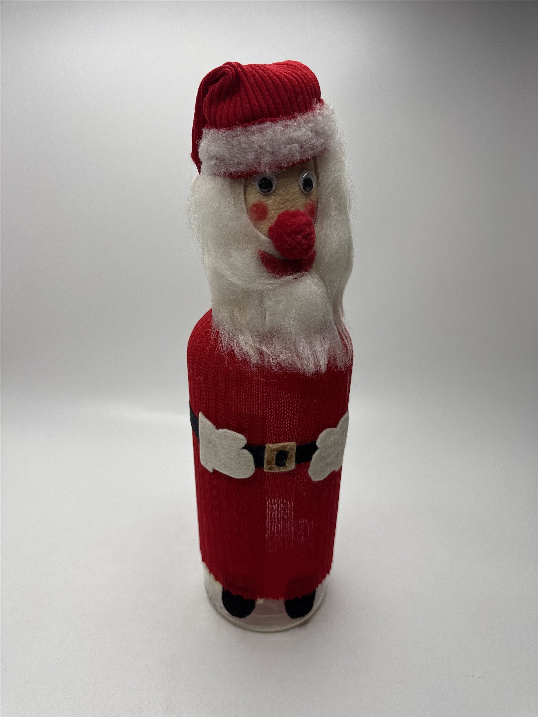 Vintage Felt Santa Bottle Cover With Clear Glass Bottle ~ Christmas Home Decor