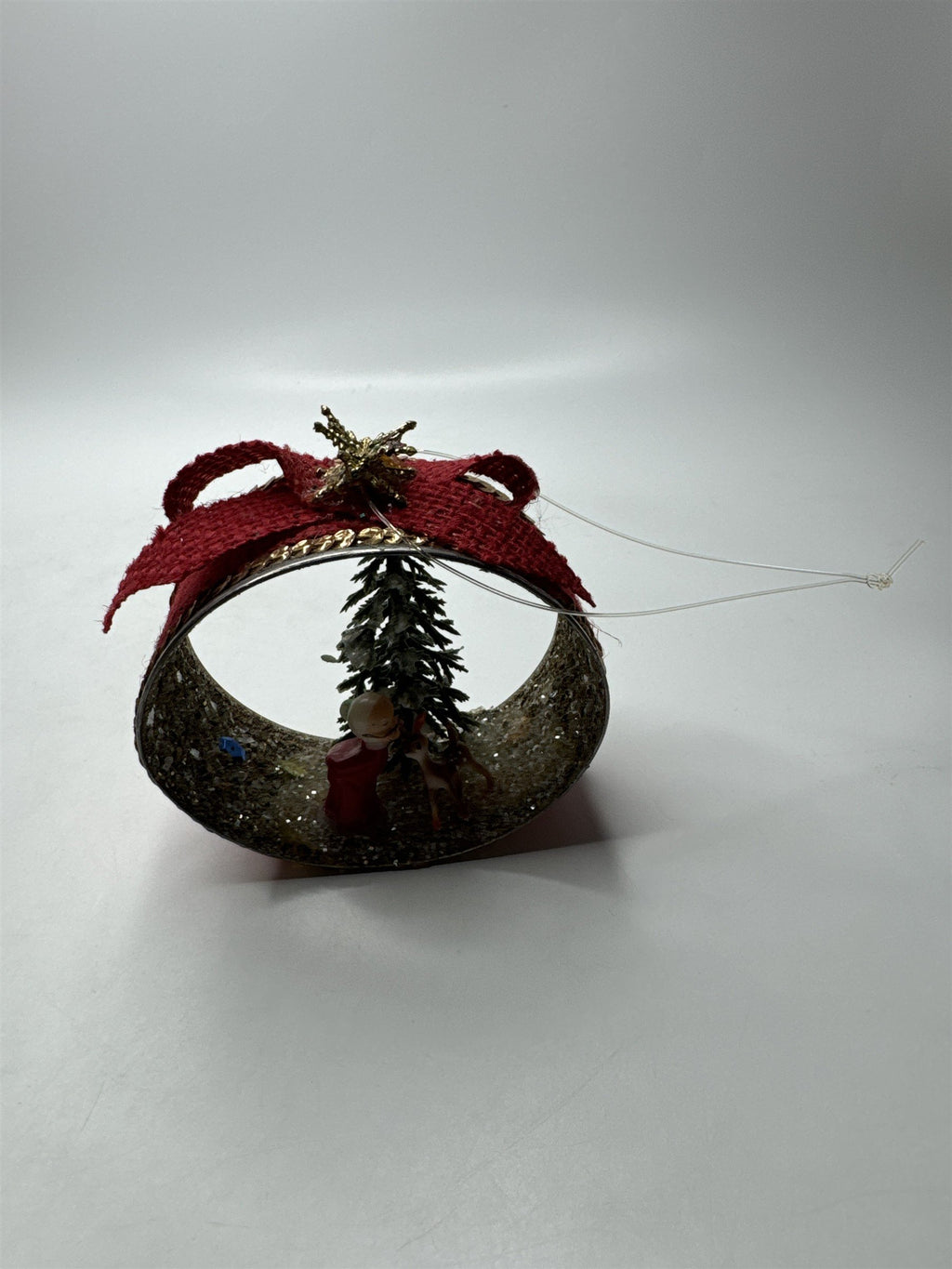 Vintage Handmade Tuna Can Christmas Ornament Mrs. Claud Kissing Reindeer /w Tree