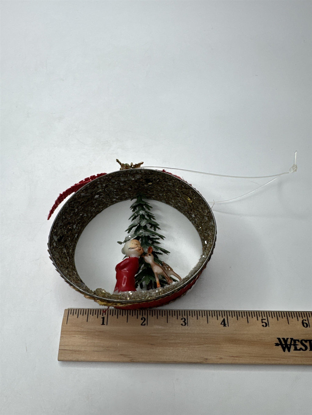 Vintage Handmade Tuna Can Christmas Ornament Mrs. Claud Kissing Reindeer /w Tree