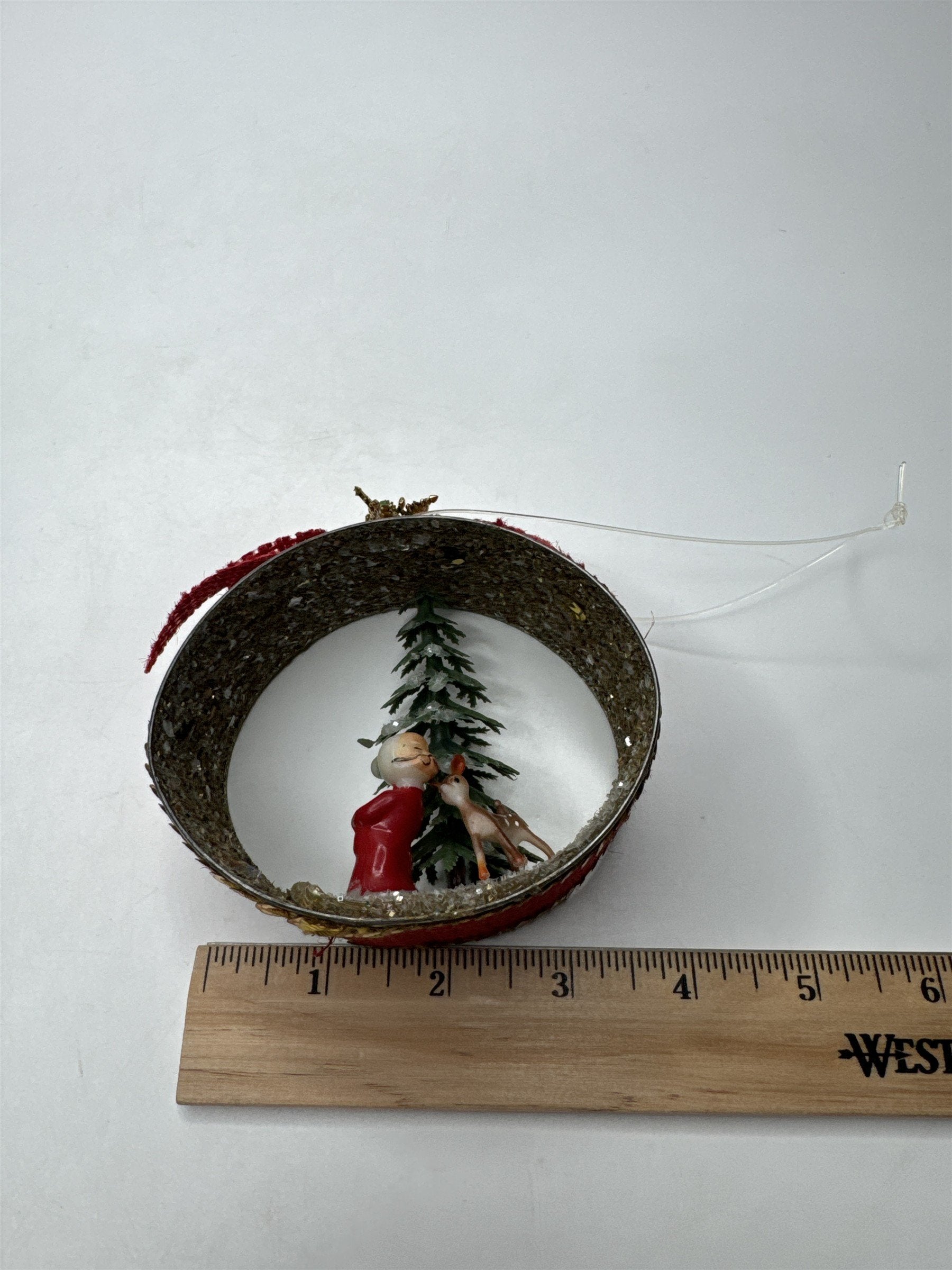 Vintage Handmade Tuna Can Christmas Ornament Mrs. Claud Kissing Reindeer /w Tree