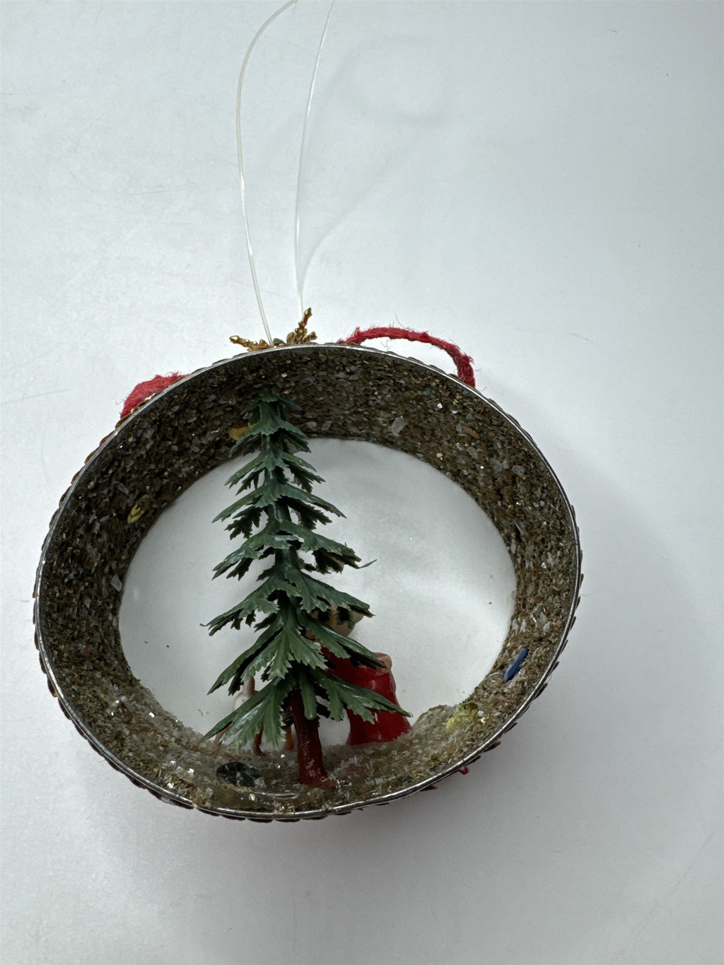 Vintage Handmade Tuna Can Christmas Ornament Mrs. Claud Kissing Reindeer /w Tree