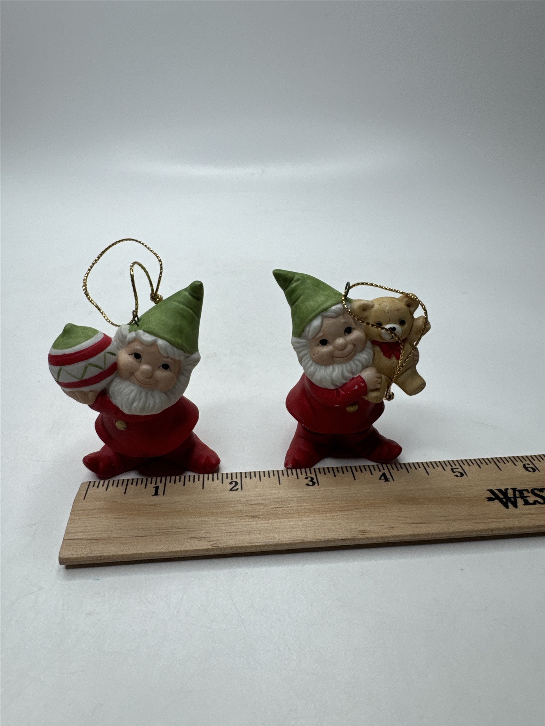 Set of 2 Homco Home Interiors Christmas Elves with Toys Xmas Tree Ornaments
