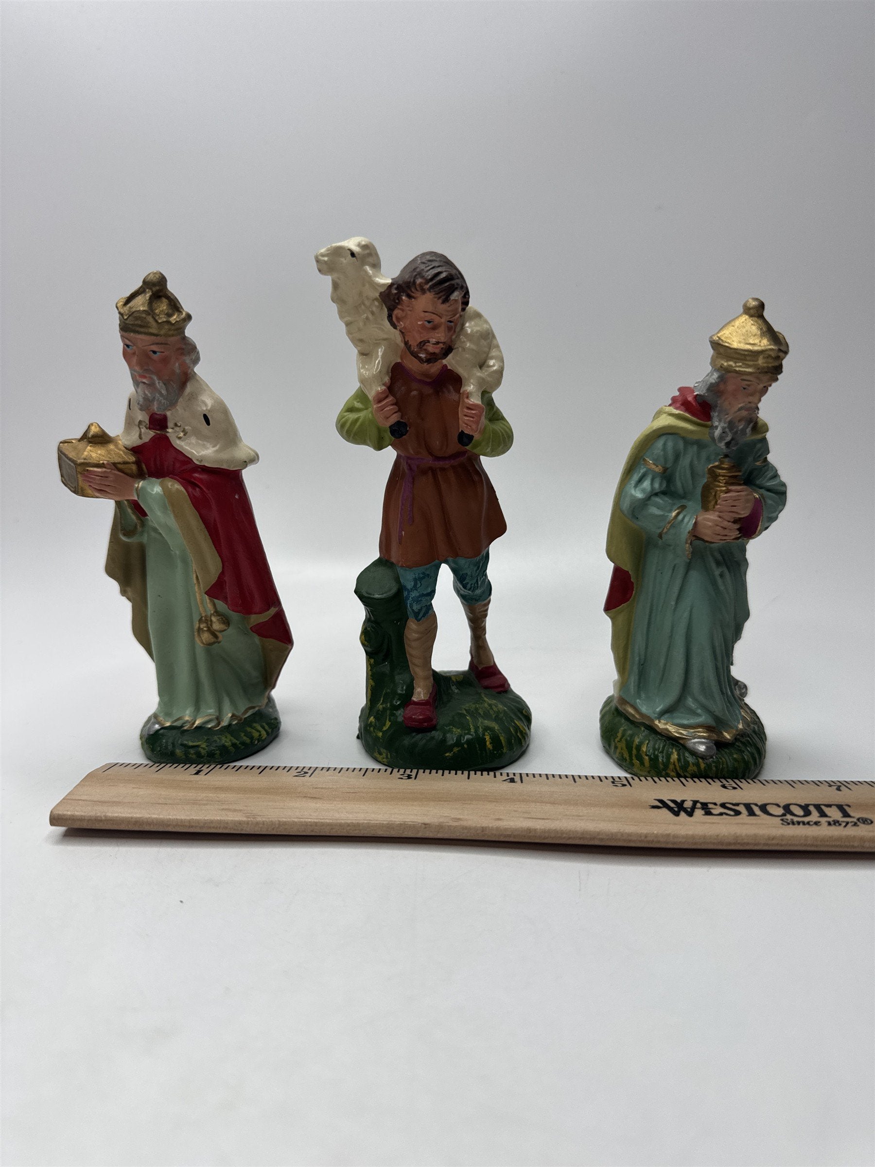 Set of 3 Vintage Wide Man/King/Shepard Nativity 5" Paper Mache Figures Italy