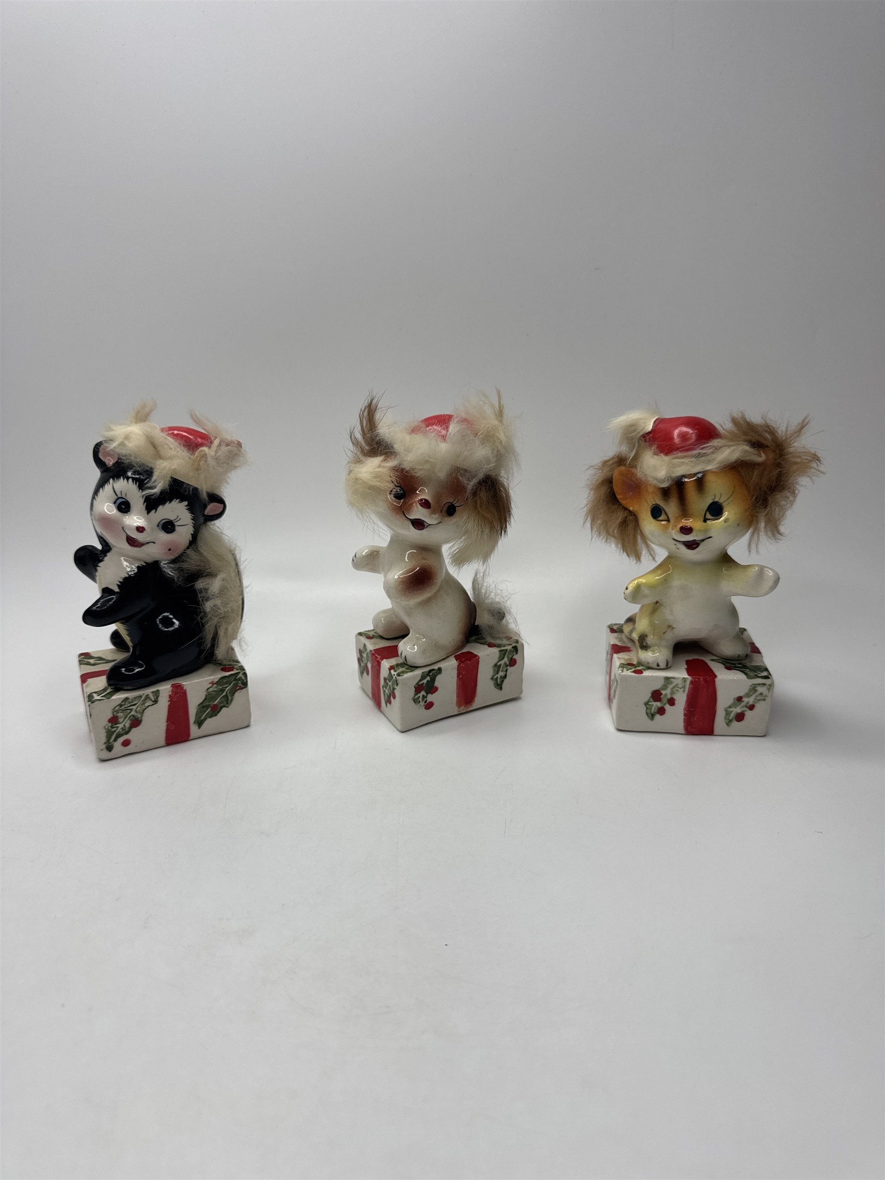 RARE!! Vtg UCAGCO Anthropomorphic Christmas Skunk Tiger Cat and Dog Ceramic Figs