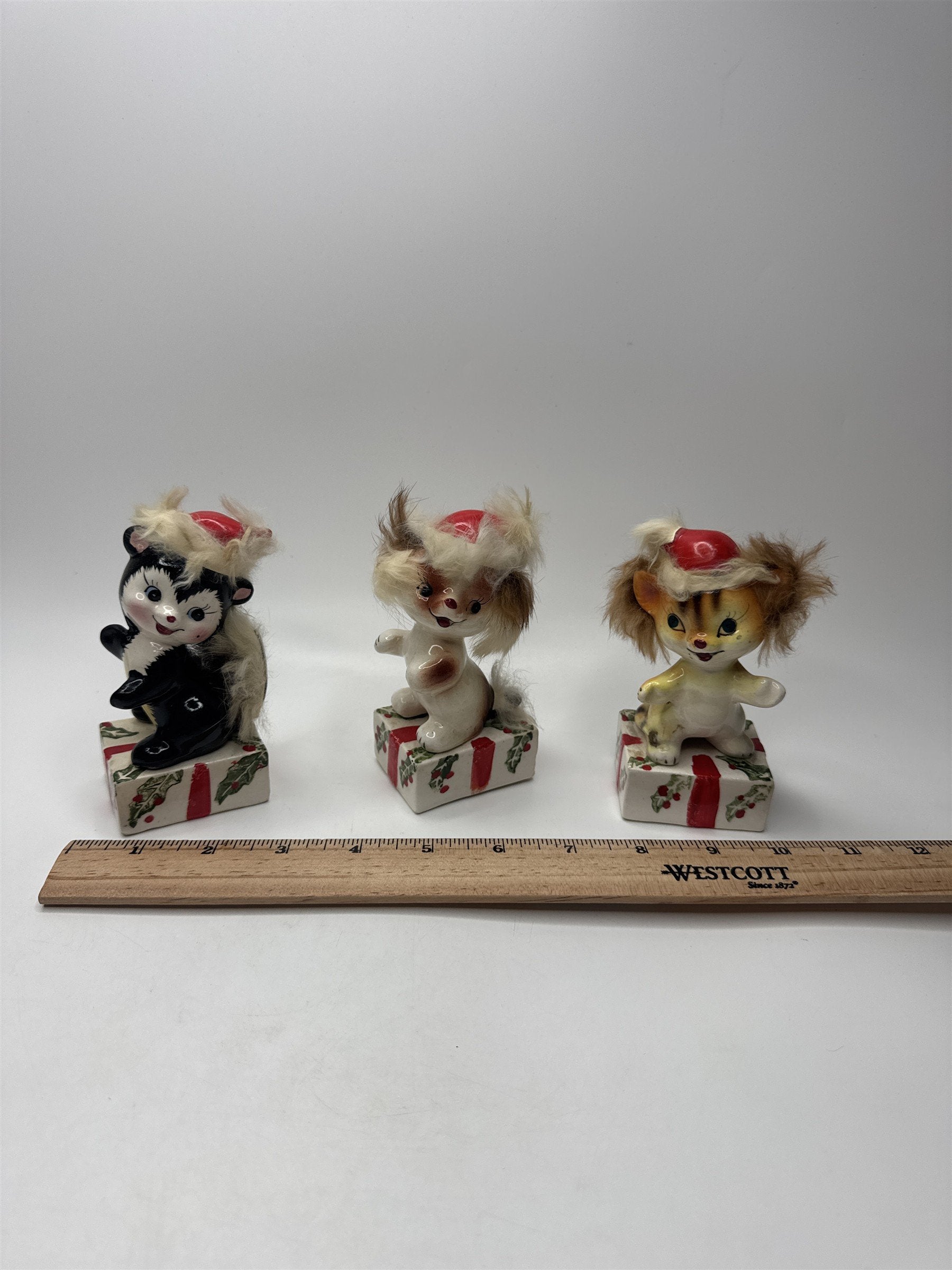 RARE!! Vtg UCAGCO Anthropomorphic Christmas Skunk Tiger Cat and Dog Ceramic Figs
