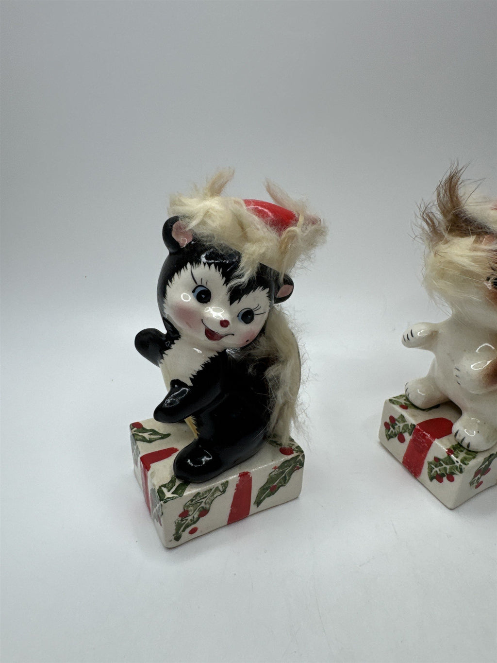 RARE!! Vtg UCAGCO Anthropomorphic Christmas Skunk Tiger Cat and Dog Ceramic Figs
