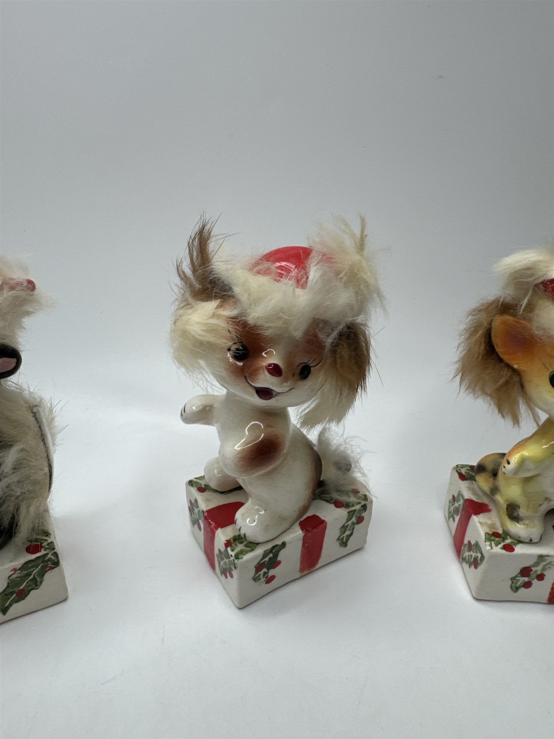 RARE!! Vtg UCAGCO Anthropomorphic Christmas Skunk Tiger Cat and Dog Ceramic Figs
