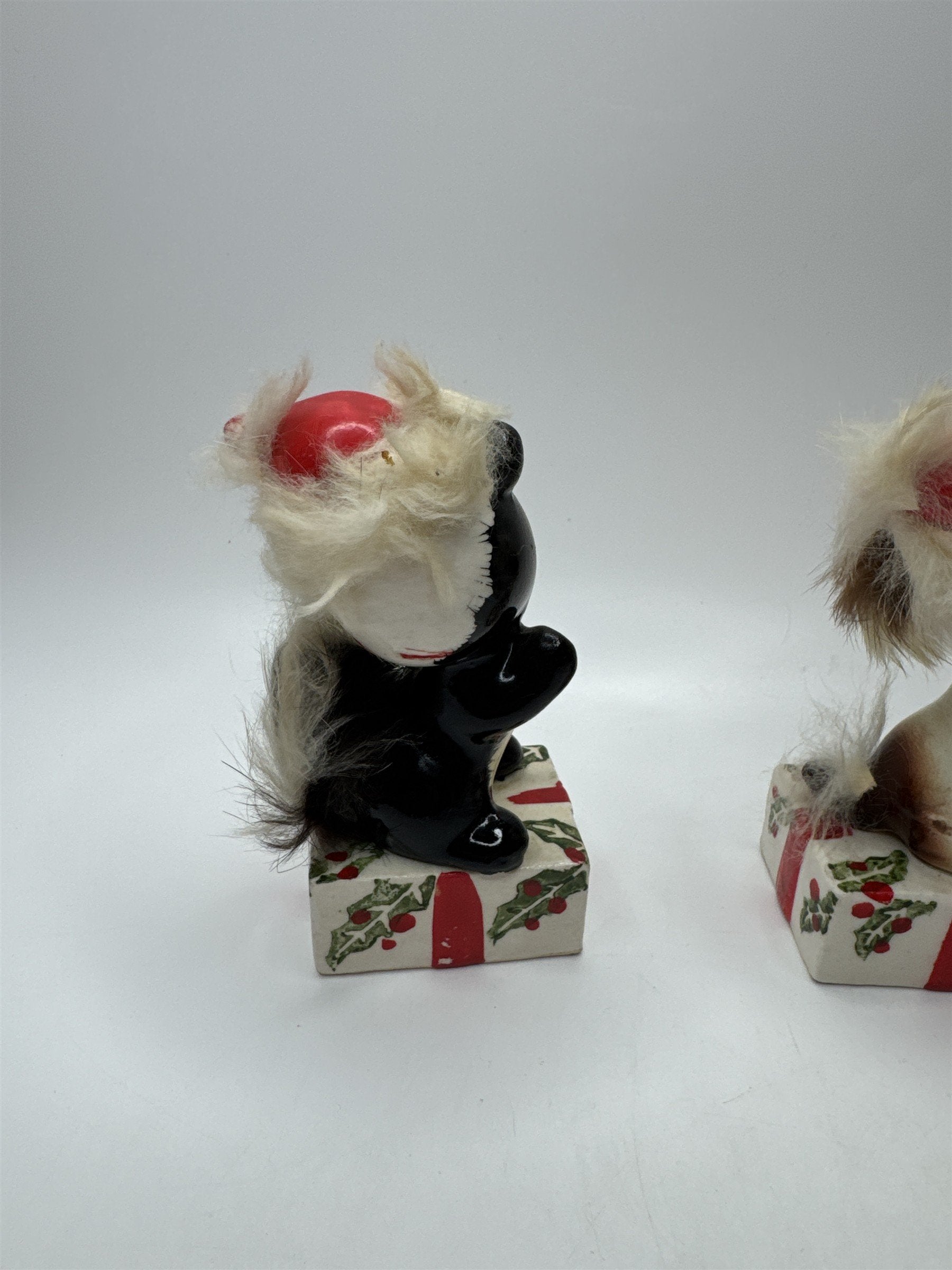 RARE!! Vtg UCAGCO Anthropomorphic Christmas Skunk Tiger Cat and Dog Ceramic Figs