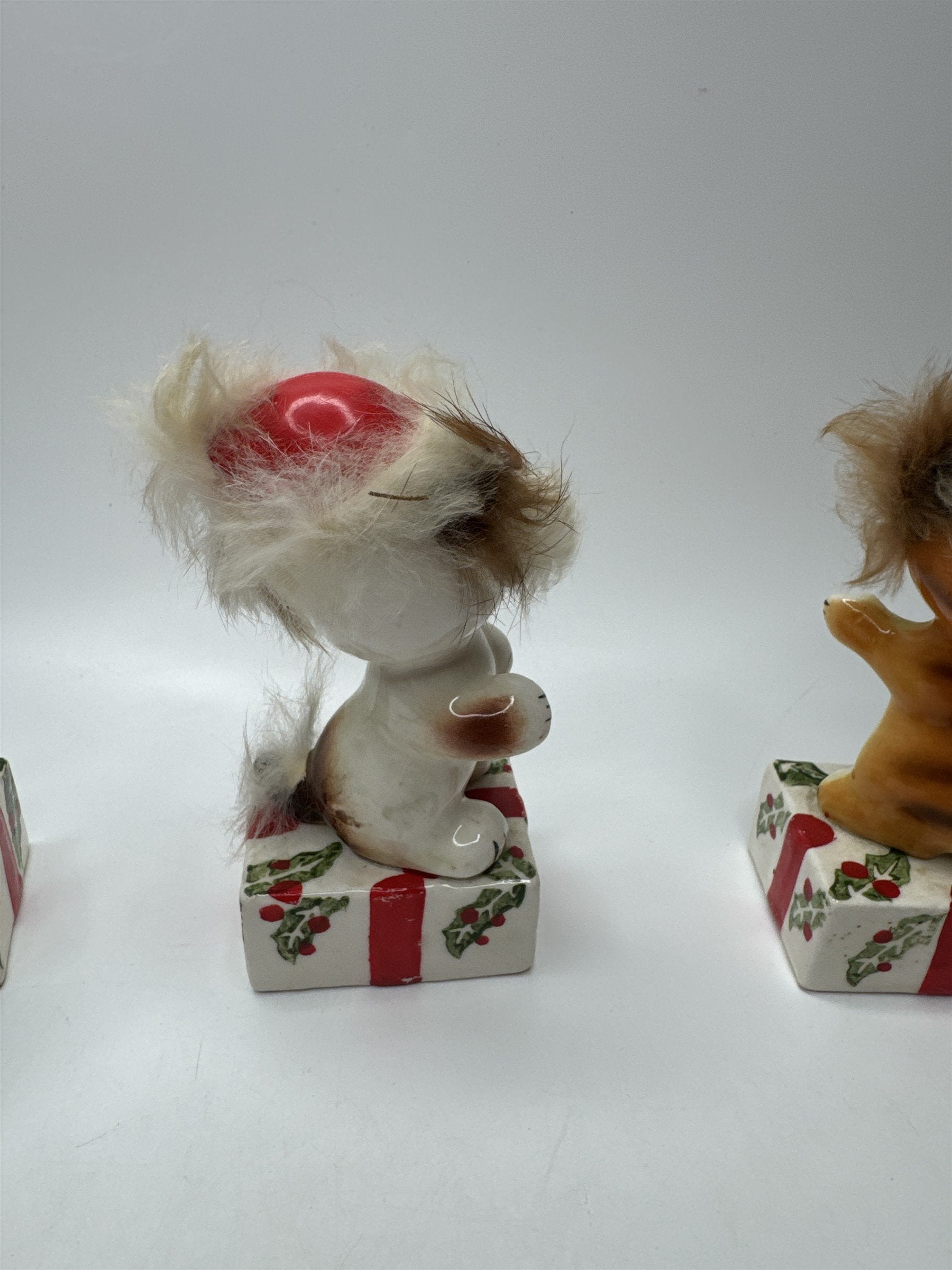 RARE!! Vtg UCAGCO Anthropomorphic Christmas Skunk Tiger Cat and Dog Ceramic Figs