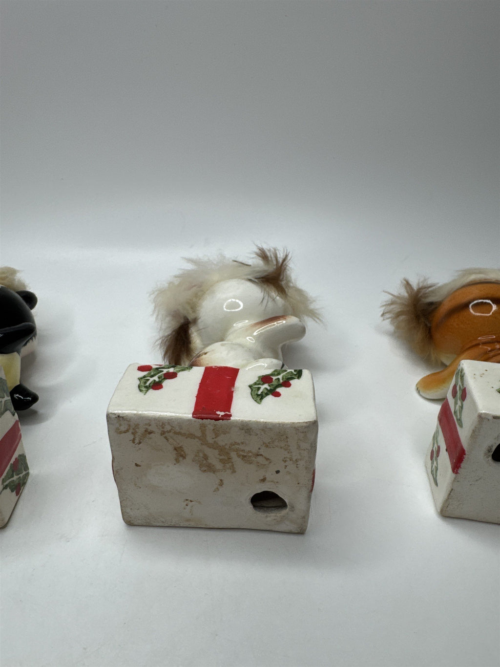 RARE!! Vtg UCAGCO Anthropomorphic Christmas Skunk Tiger Cat and Dog Ceramic Figs