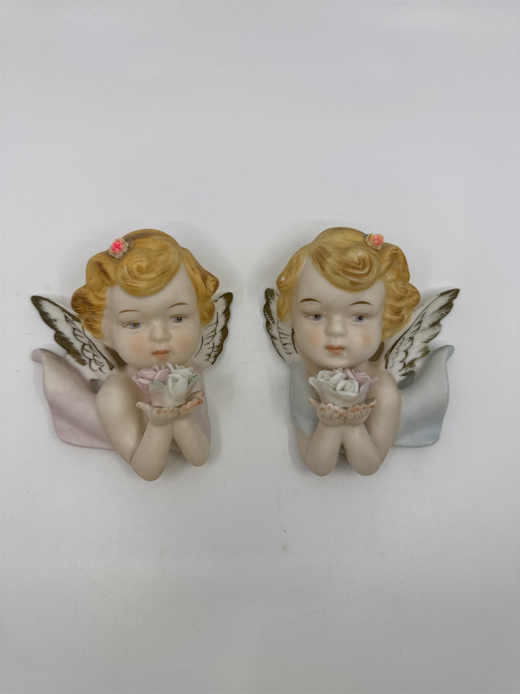 Set of 2 Tilso Japan Porcelain Hanging Angels Flowers Floral Angels