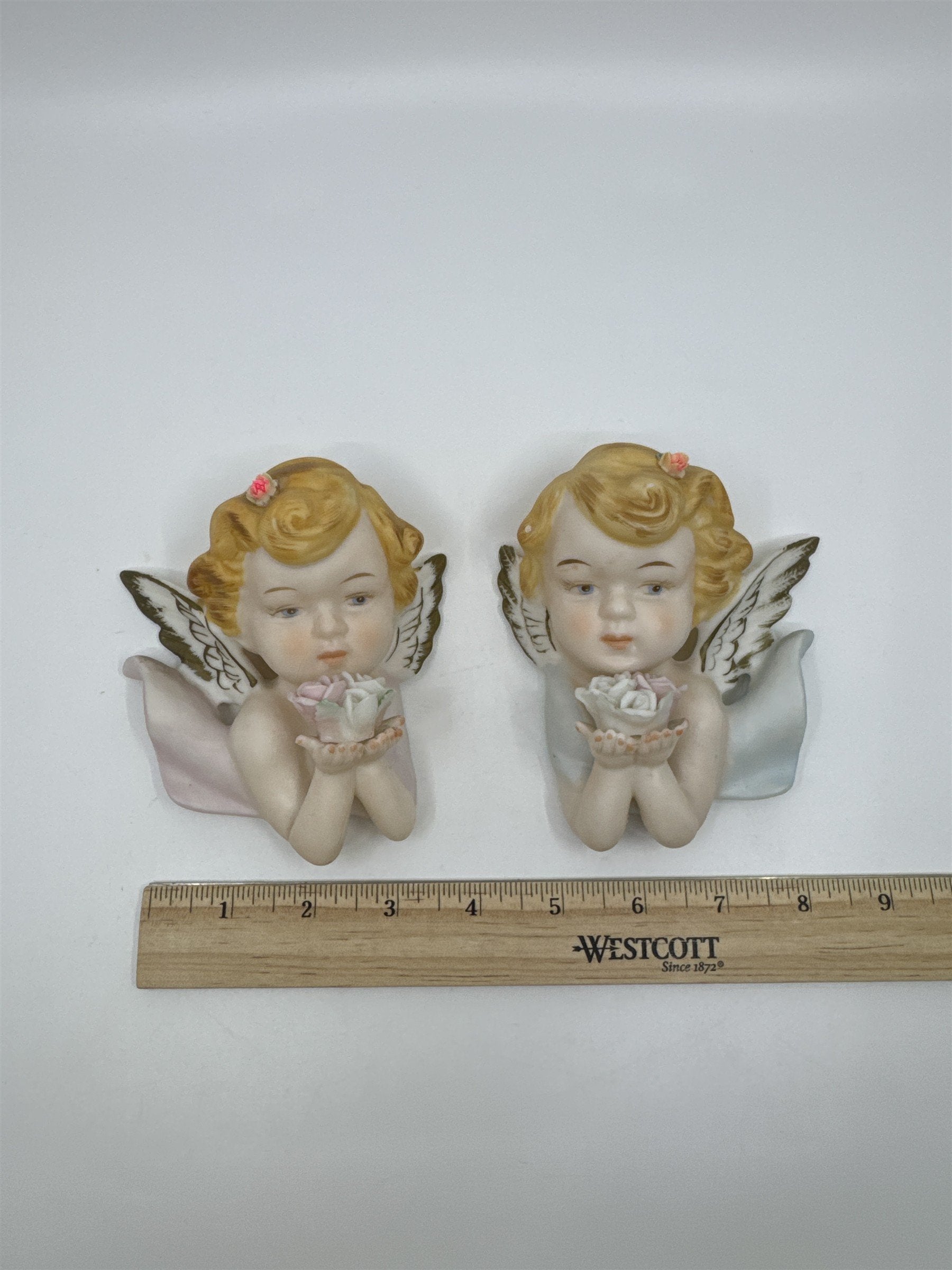 Set of 2 Tilso Japan Porcelain Hanging Angels Flowers Floral Angels