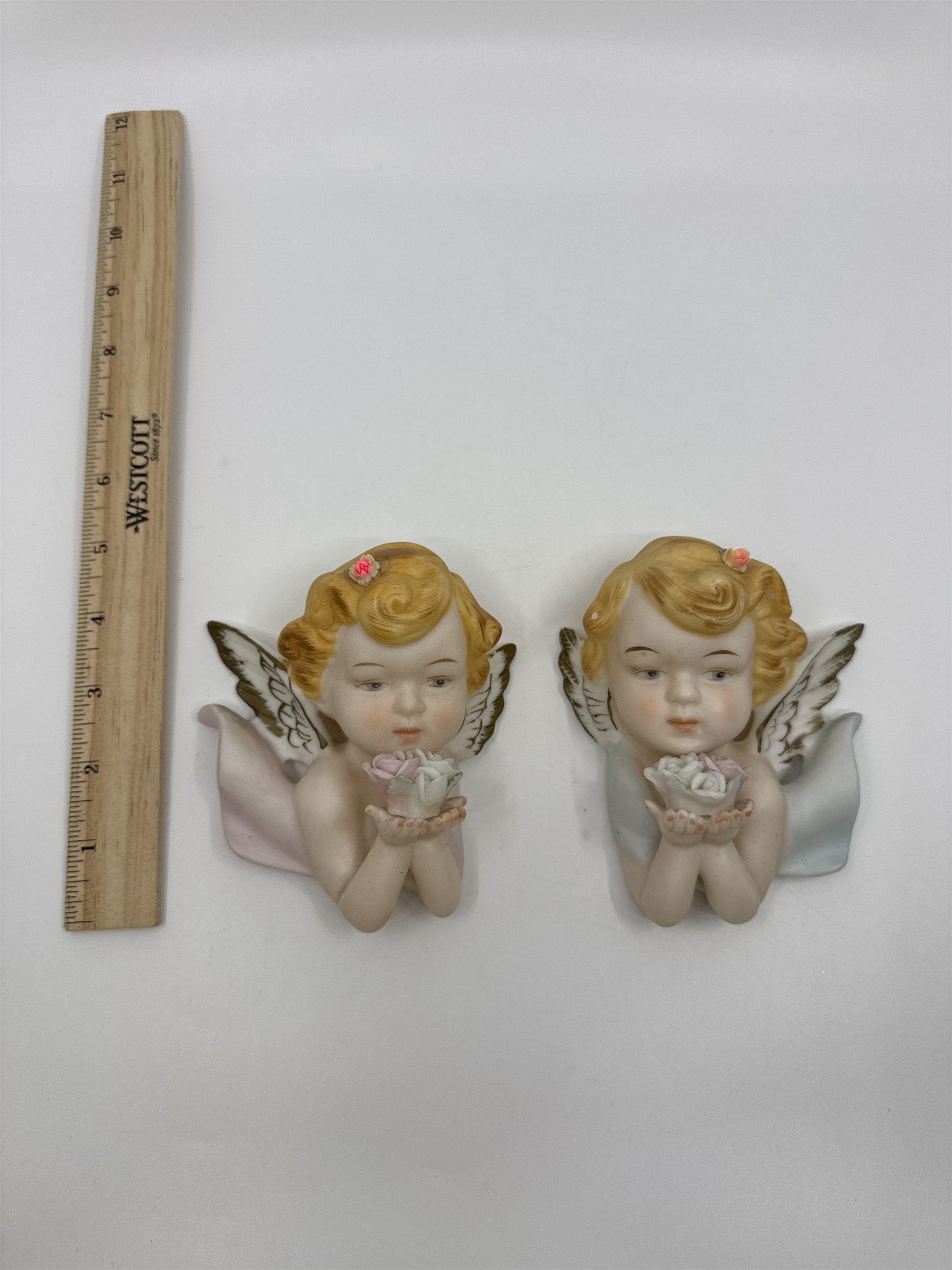 Set of 2 Tilso Japan Porcelain Hanging Angels Flowers Floral Angels