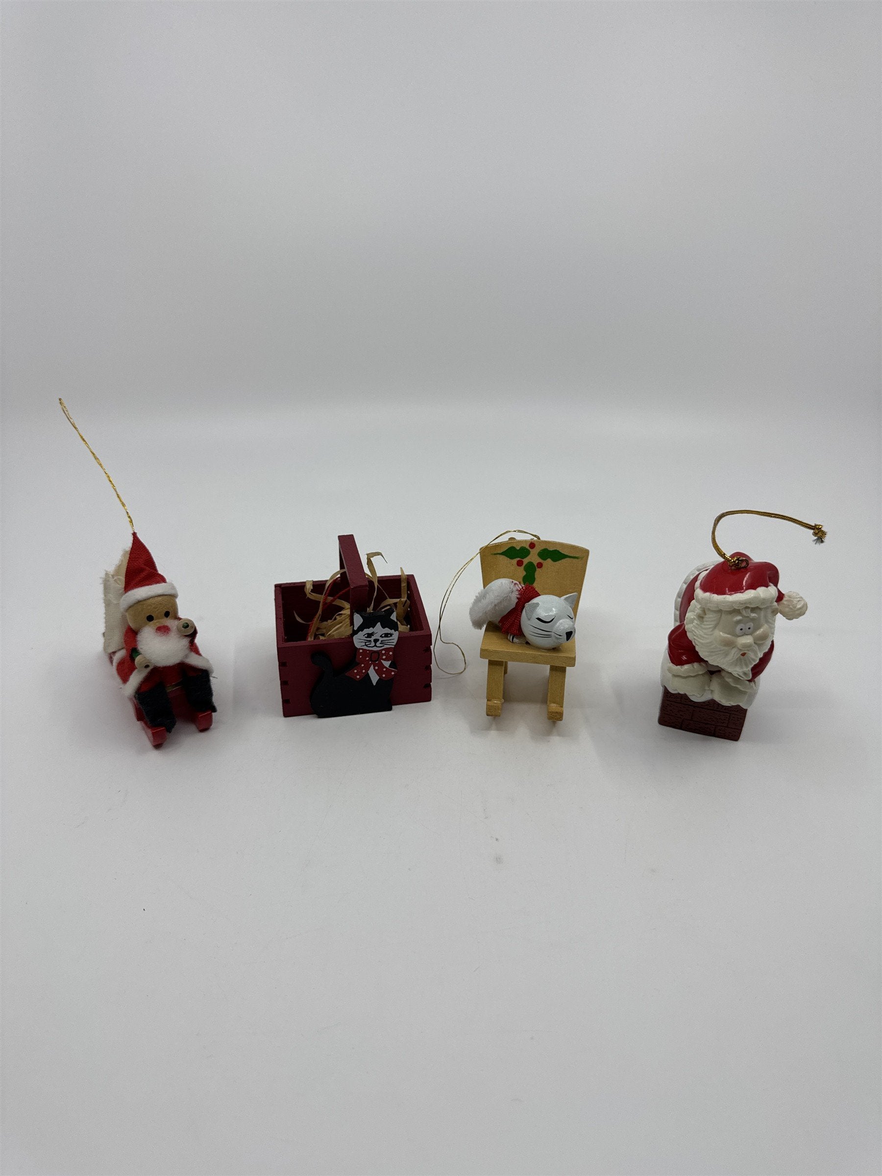 Set Of Four Vintage Christmas Tree Ornaments Santa Sleigh/Chimney And Cats