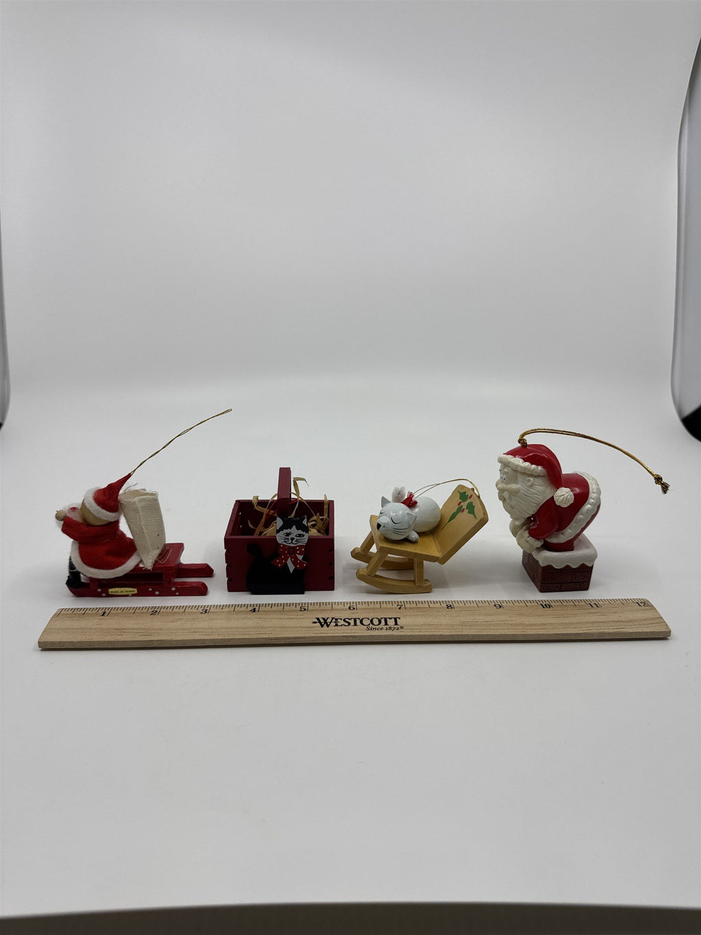 Set Of Four Vintage Christmas Tree Ornaments Santa Sleigh/Chimney And Cats