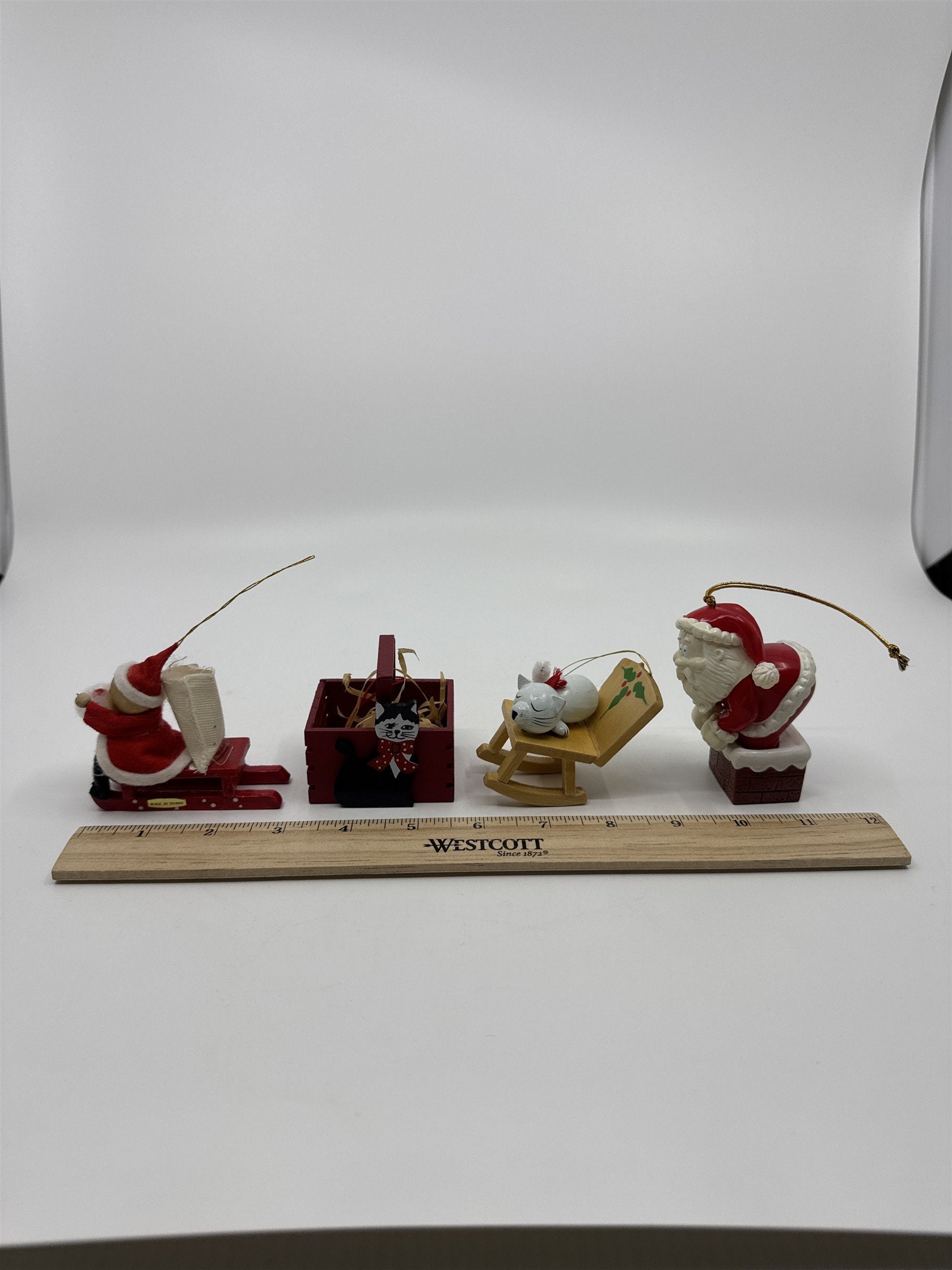 Set Of Four Vintage Christmas Tree Ornaments Santa Sleigh/Chimney And Cats