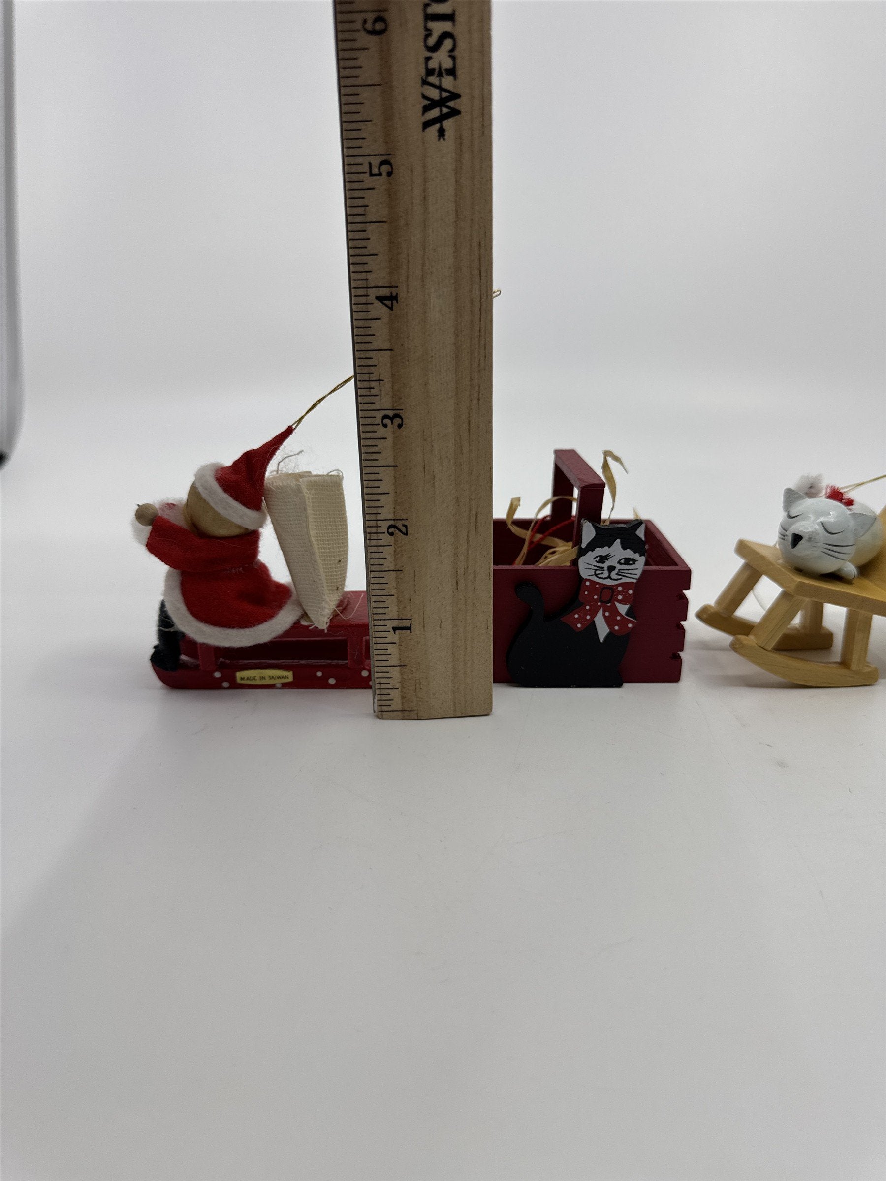 Set Of Four Vintage Christmas Tree Ornaments Santa Sleigh/Chimney And Cats