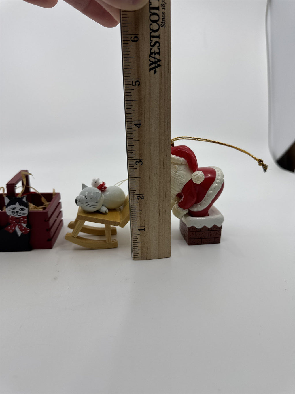 Set Of Four Vintage Christmas Tree Ornaments Santa Sleigh/Chimney And Cats