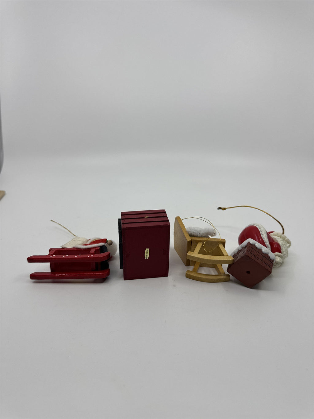 Set Of Four Vintage Christmas Tree Ornaments Santa Sleigh/Chimney And Cats