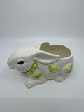 Vintage Ceramic White Bunny Planter With Green Bow And Yellow Painted Tulips