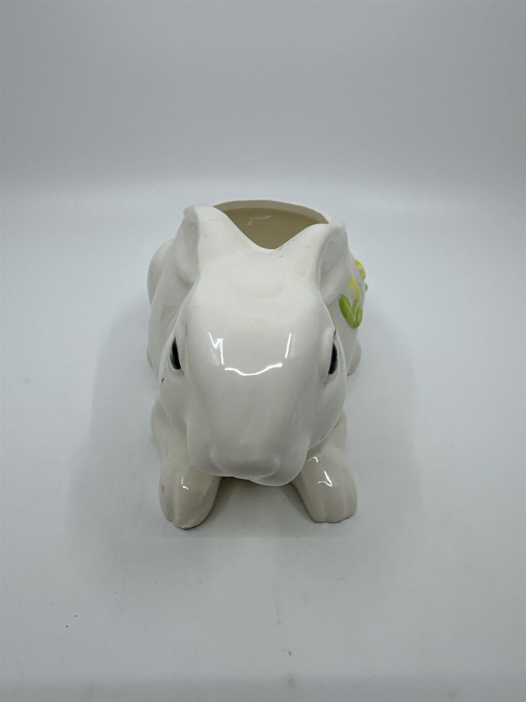 Vintage Ceramic White Bunny Planter With Green Bow And Yellow Painted Tulips
