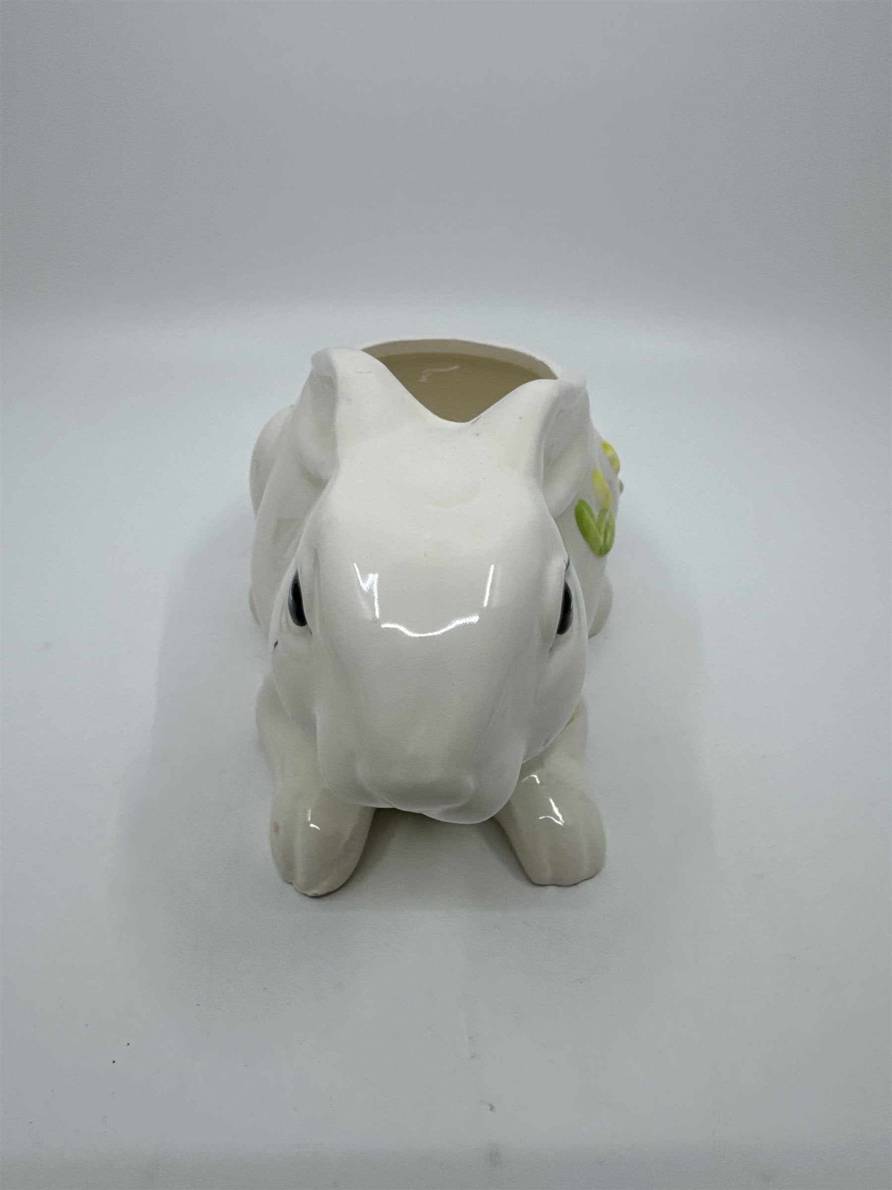 Vintage Ceramic White Bunny Planter With Green Bow And Yellow Painted Tulips