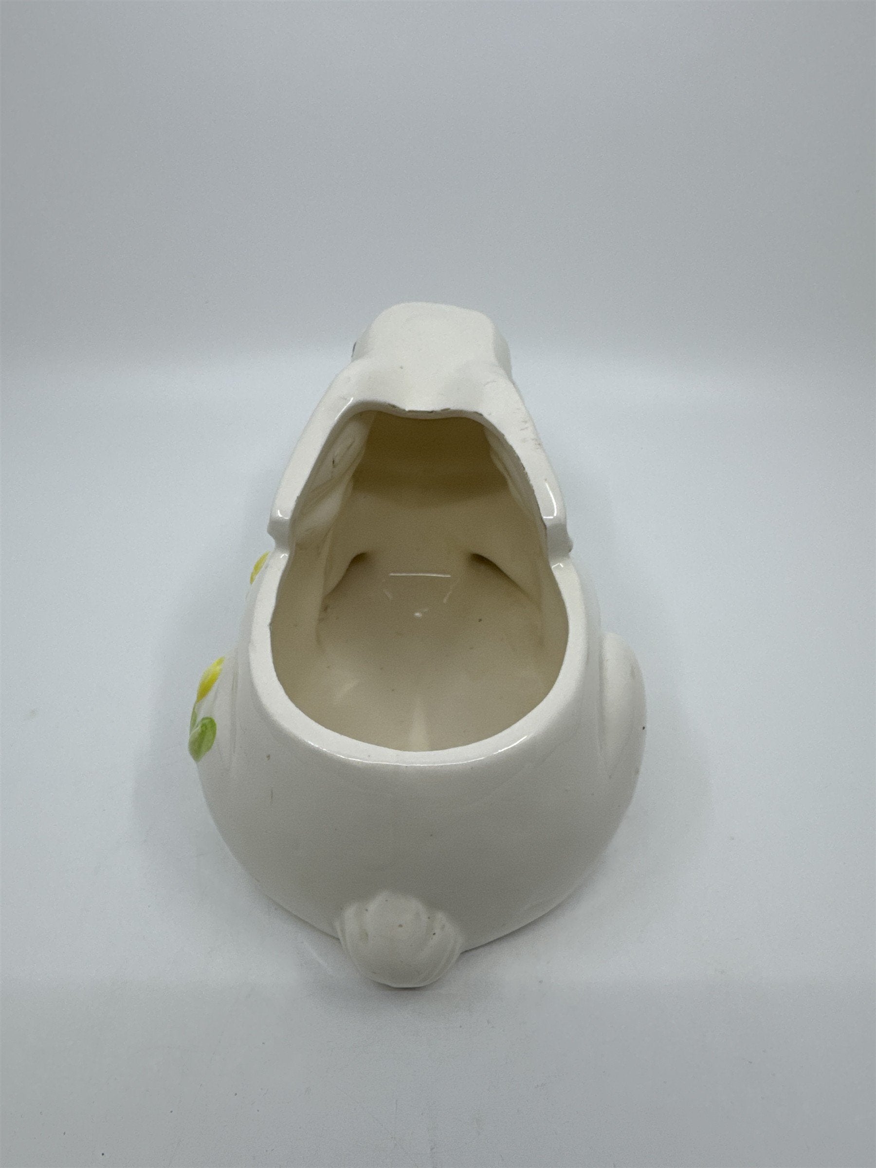 Vintage Ceramic White Bunny Planter With Green Bow And Yellow Painted Tulips