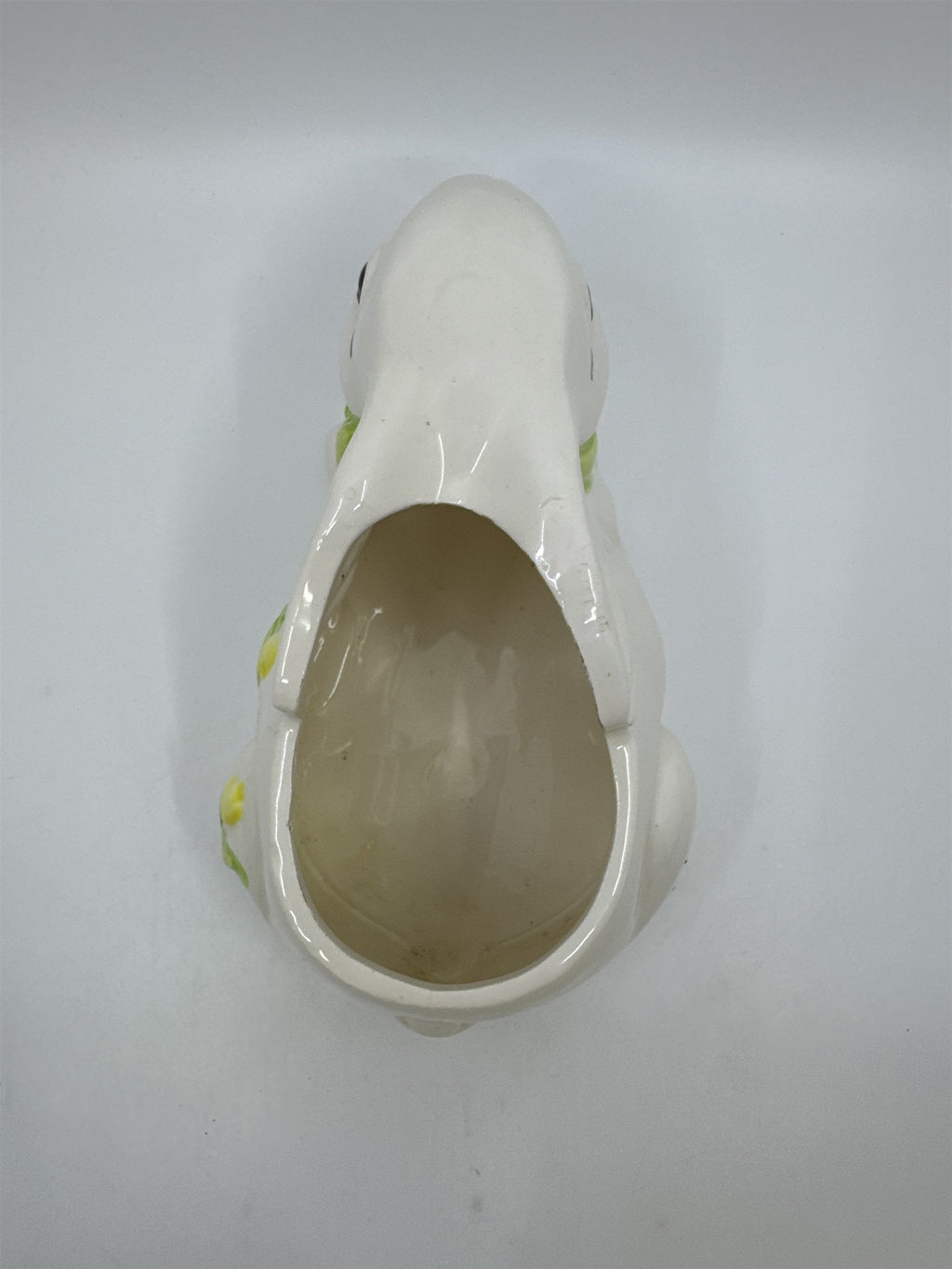 Vintage Ceramic White Bunny Planter With Green Bow And Yellow Painted Tulips