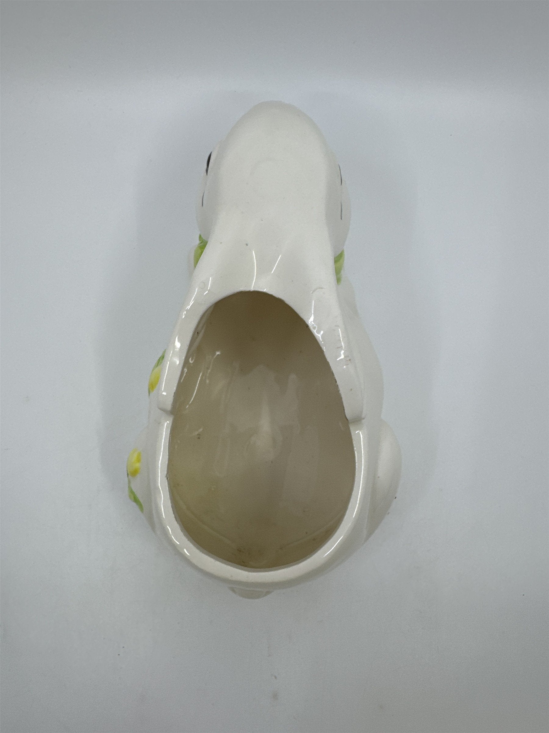 Vintage Ceramic White Bunny Planter With Green Bow And Yellow Painted Tulips
