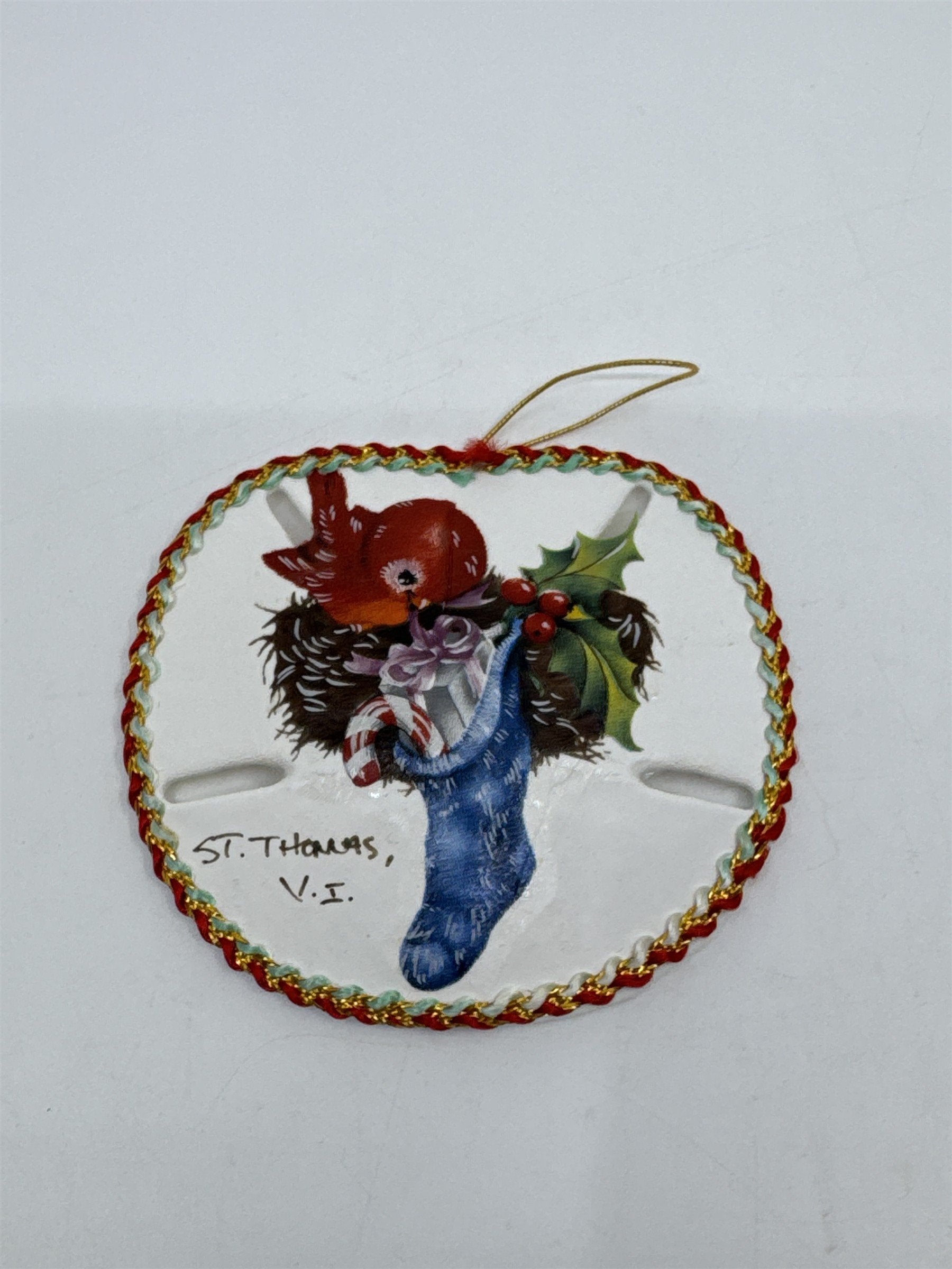 Vintage Decorative Christmas Sand Dollar Ornament St. Thomas V.I. W/ Cardinal