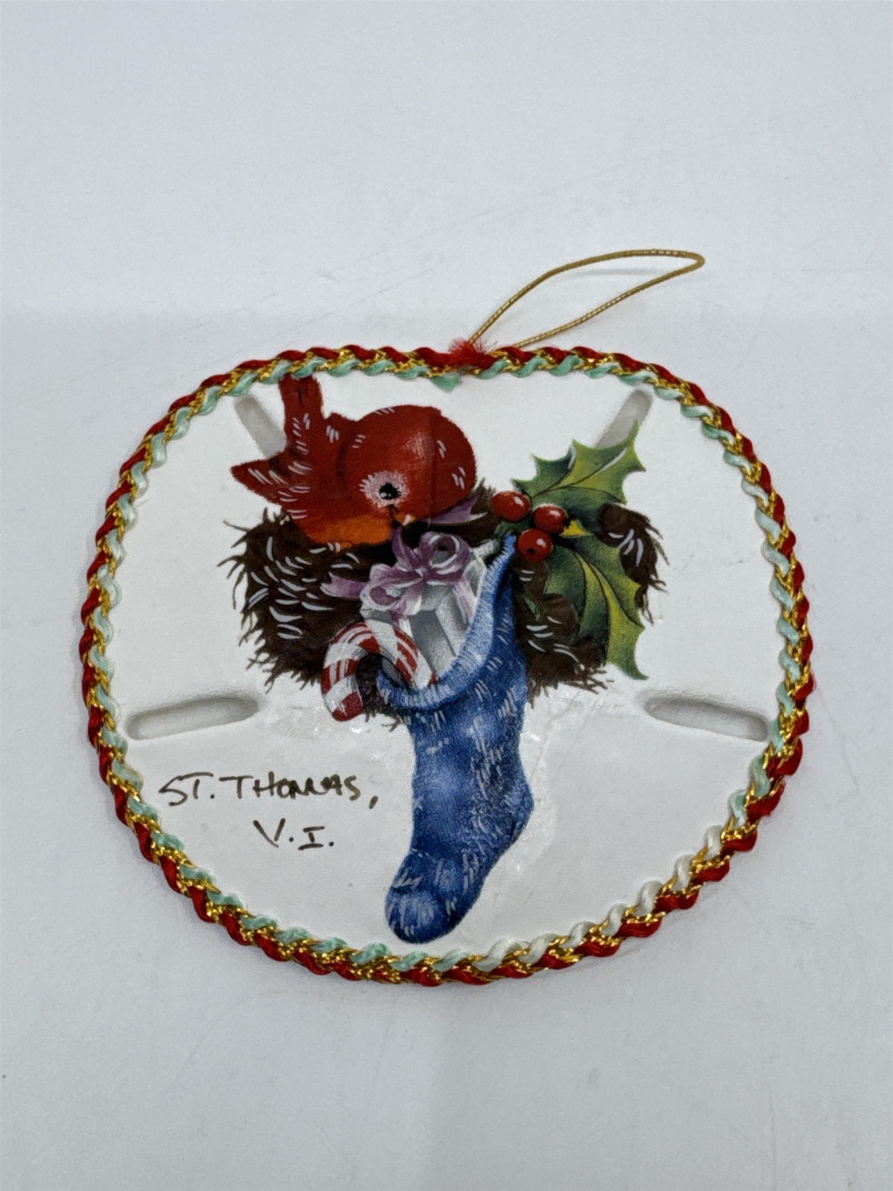 Vintage Decorative Christmas Sand Dollar Ornament St. Thomas V.I. W/ Cardinal